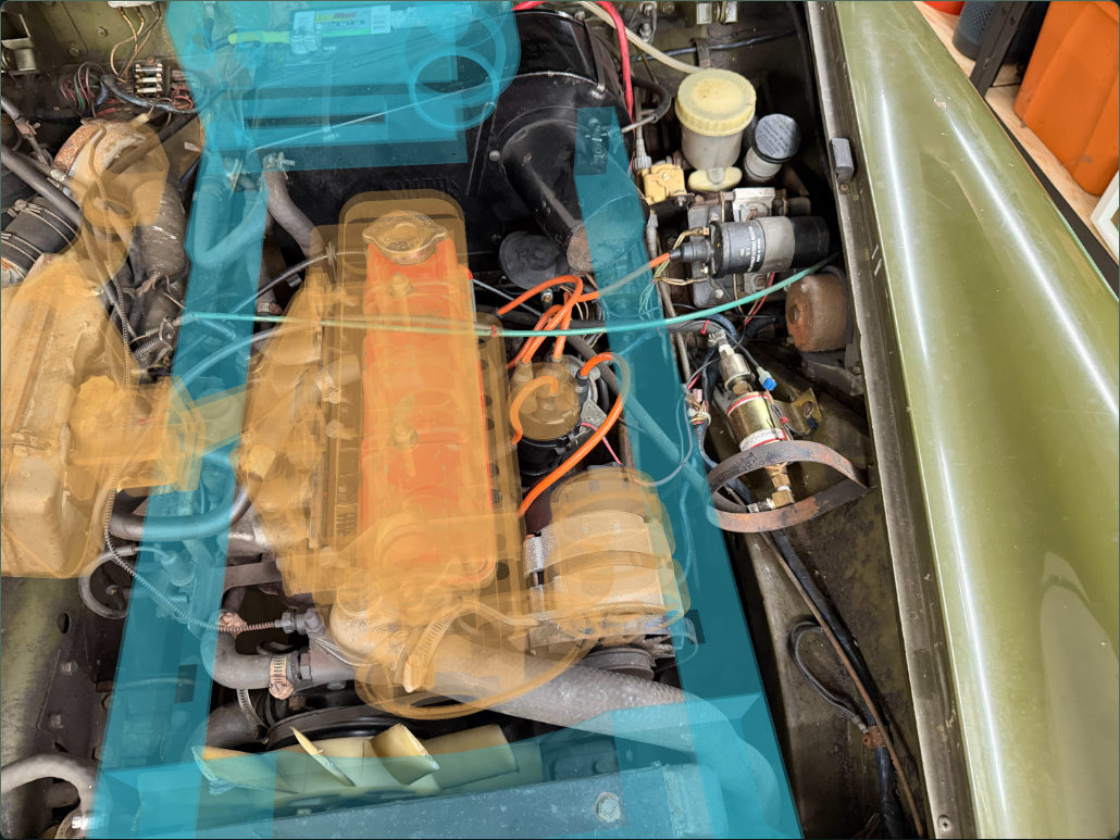 Amber engine and blue heater battery and frame references over the same owner photograph