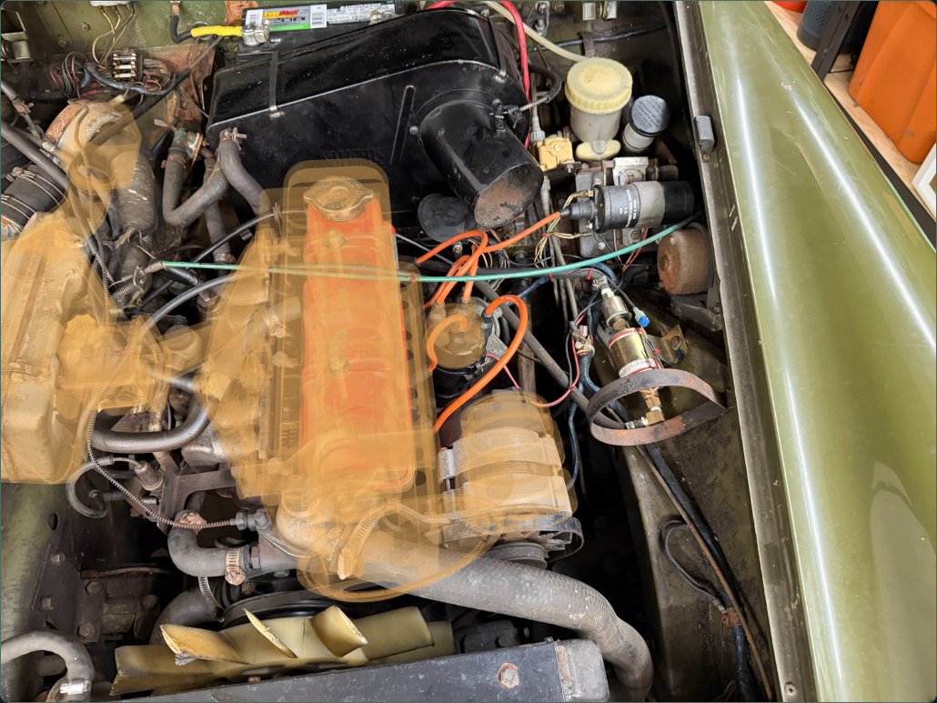 Amber native engine exterior over the existing owner engine-bay photograph