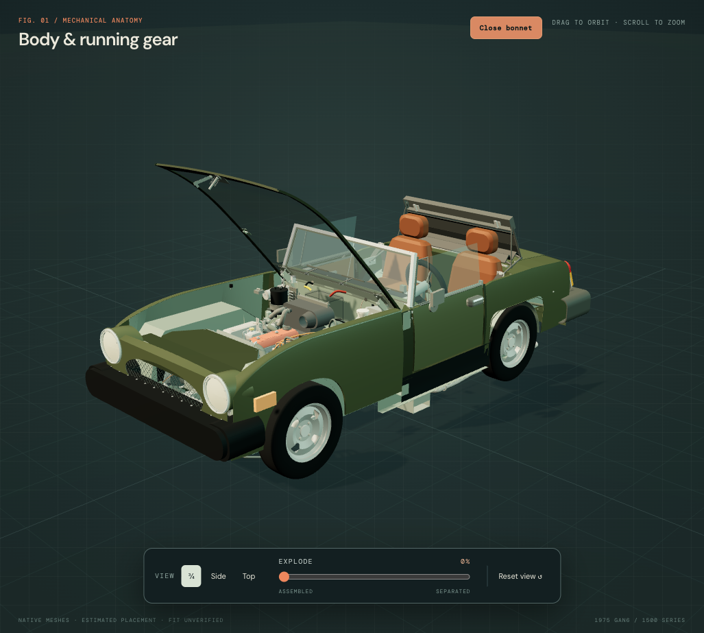 Whole-car reference with bonnet open using the estimated four-bar hinge motion.