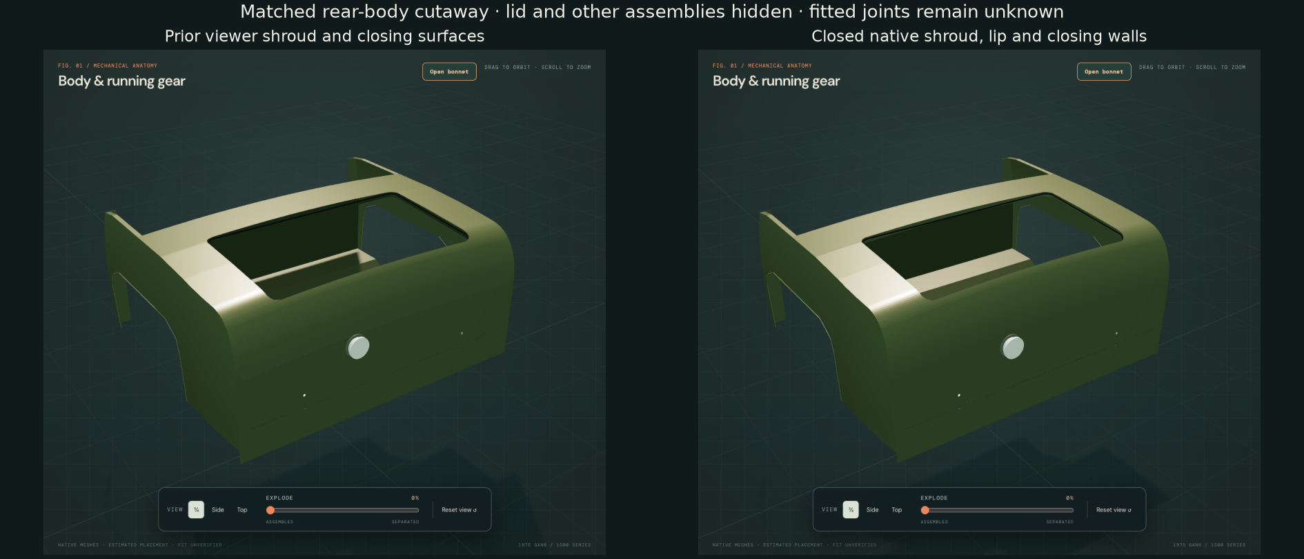 Matched rear-body cutaway views comparing prior viewer surfaces with native shroud, aperture lip and closing walls