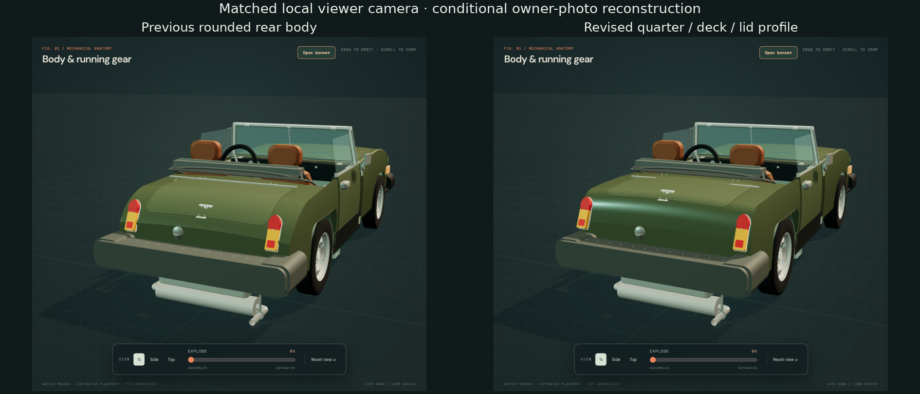 Matched local viewer captures showing the coordinated rear body before and after reconstruction