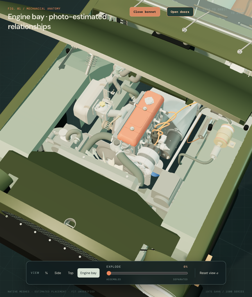 Revised engine-bay model with pitched fan and large dished pump pulley
