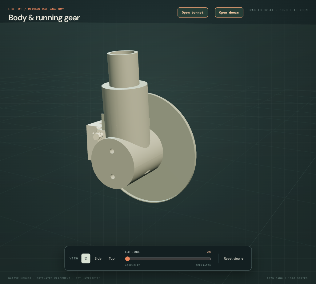 Revised native front hub with formed dust cover, folded mounting arms and separate small fixing