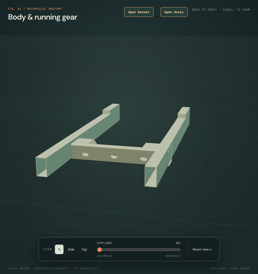 Revised continuous hollow rails and formed sloping crossmember face with three visible apertures