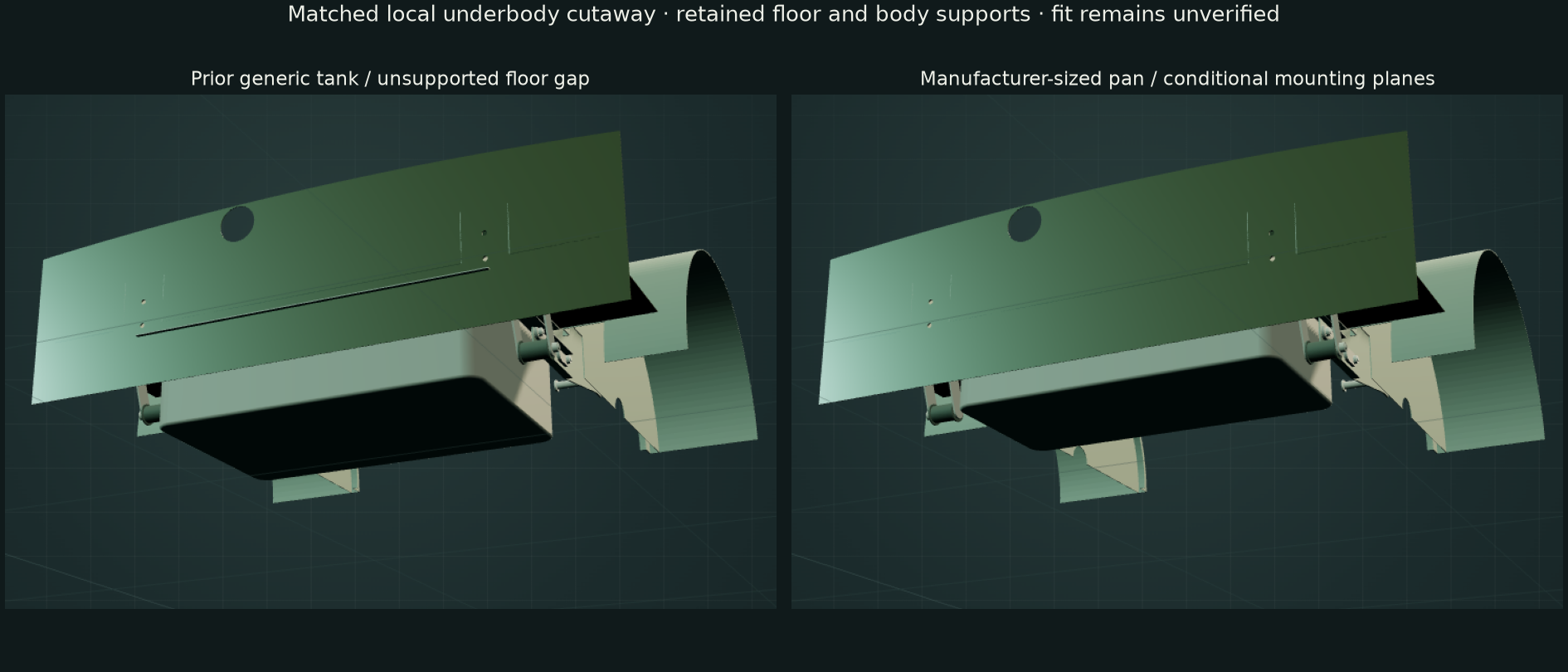 Matched cutaway viewer captures comparing the prior generic tank with the manufacturer-sized reference