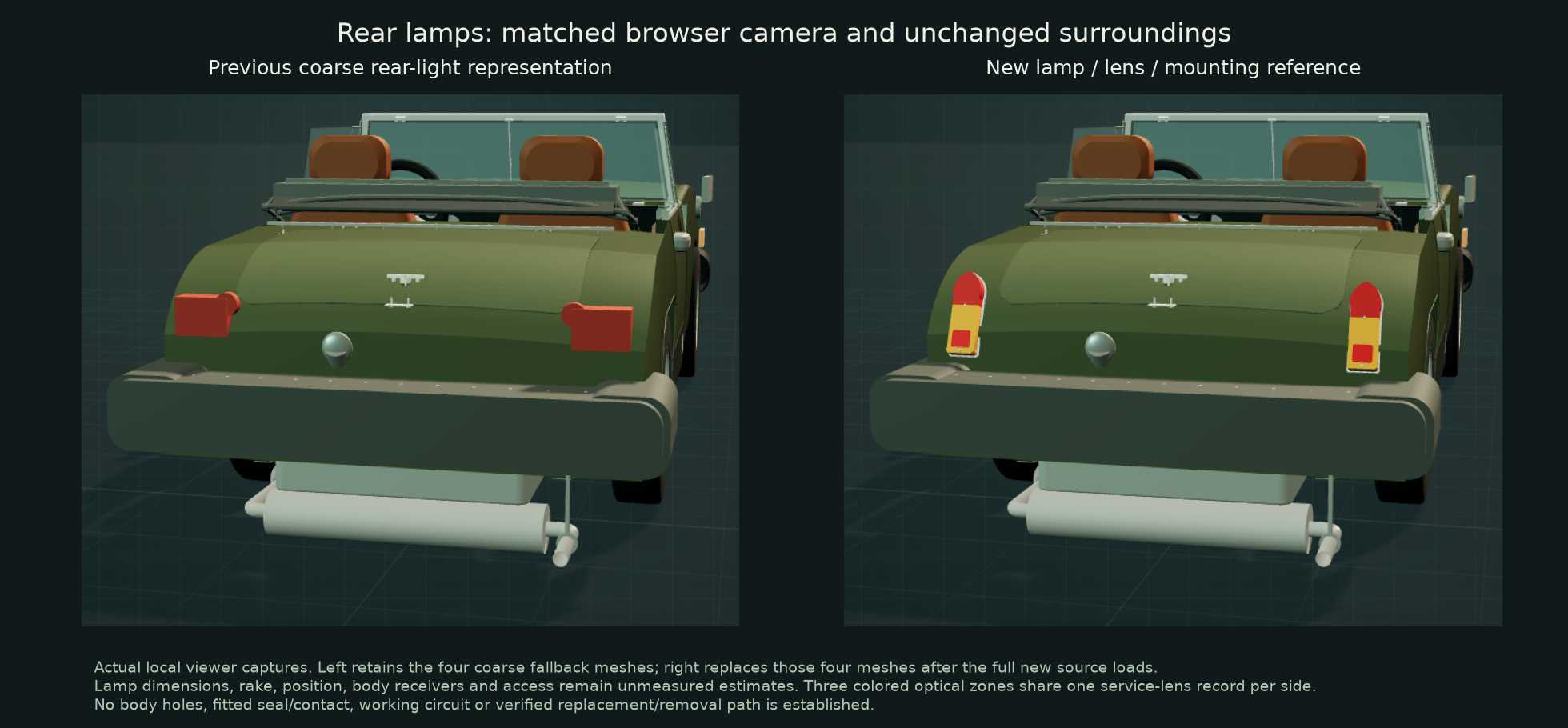 Matched rear camera views of the old coarse red blocks and the new paired lamp assembly references