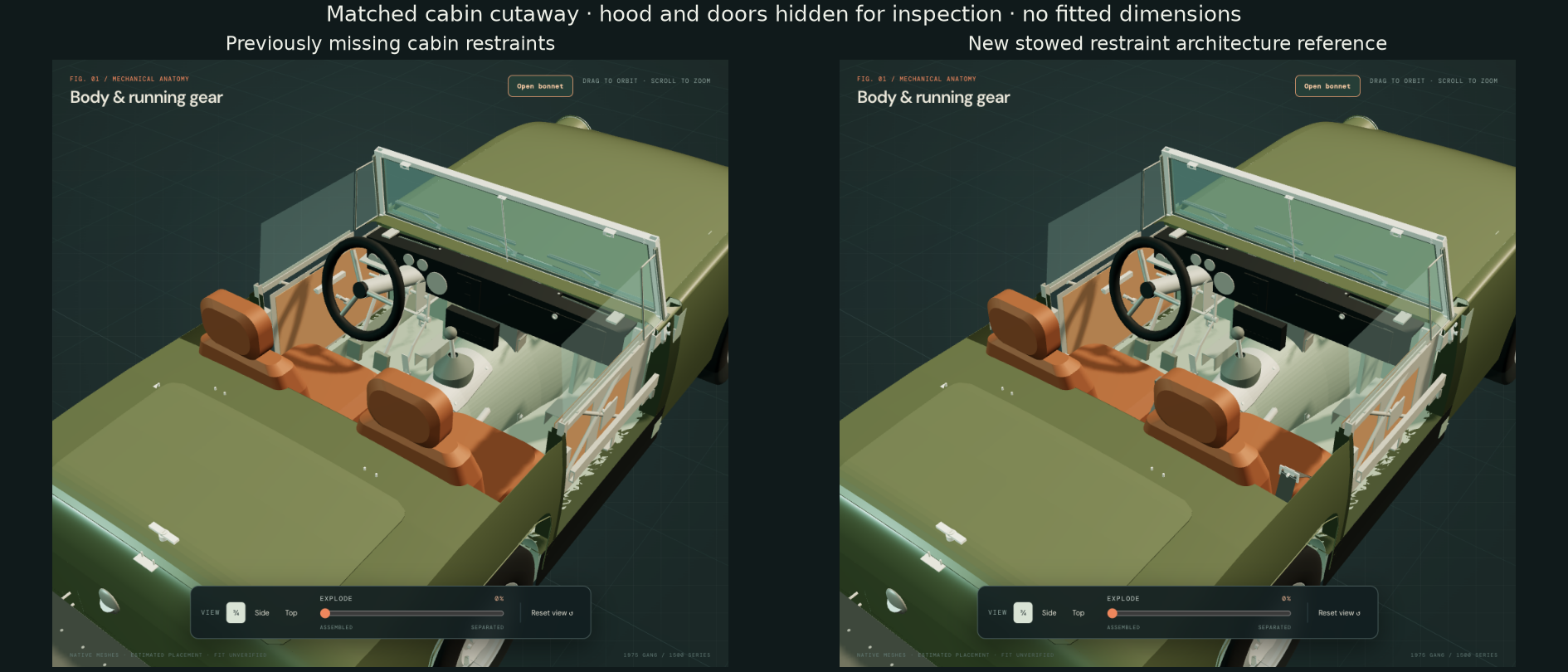 Matched cabin cutaway views before and after addition of restraint reference assemblies