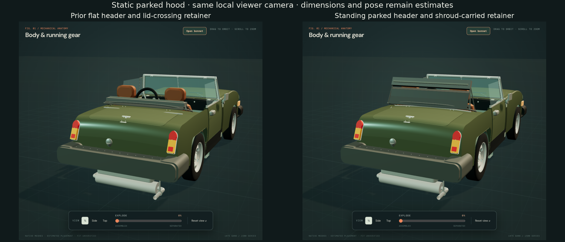 Matched viewer images showing the prior flat hood header and revised standing parked arrangement