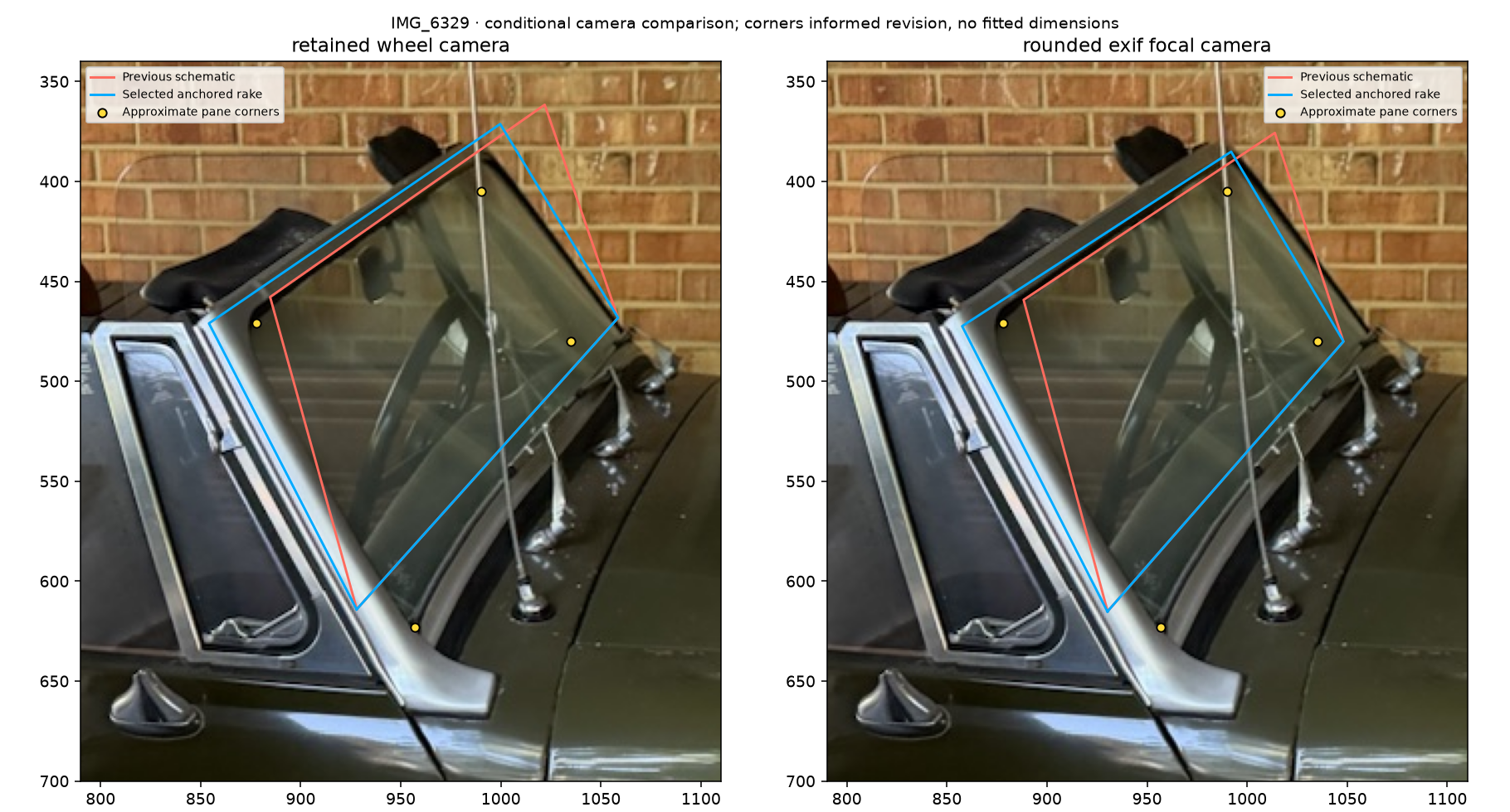 Owner side photograph with earlier and revised pane outlines under two camera assumptions
