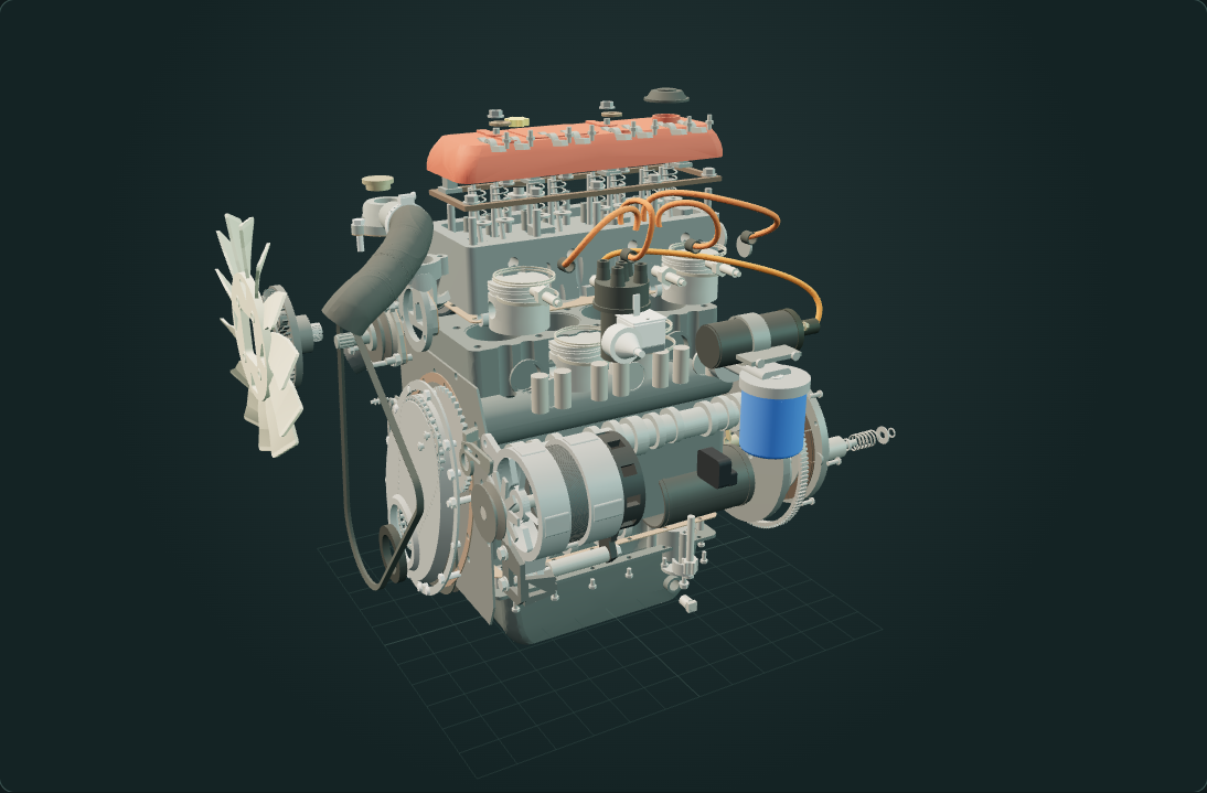An exploded engine view separates the rocker cover, head, pistons and front-drive components.