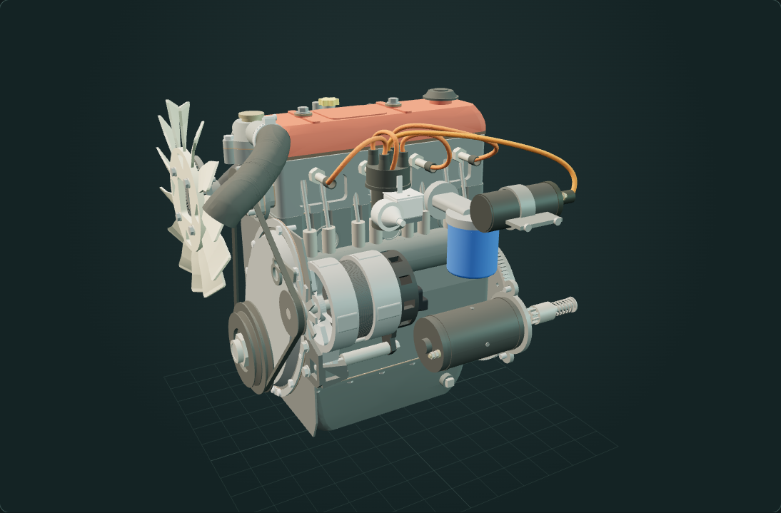 The assembled engine model, with the red rocker cover, ignition leads, fan, pulleys and starter visible.