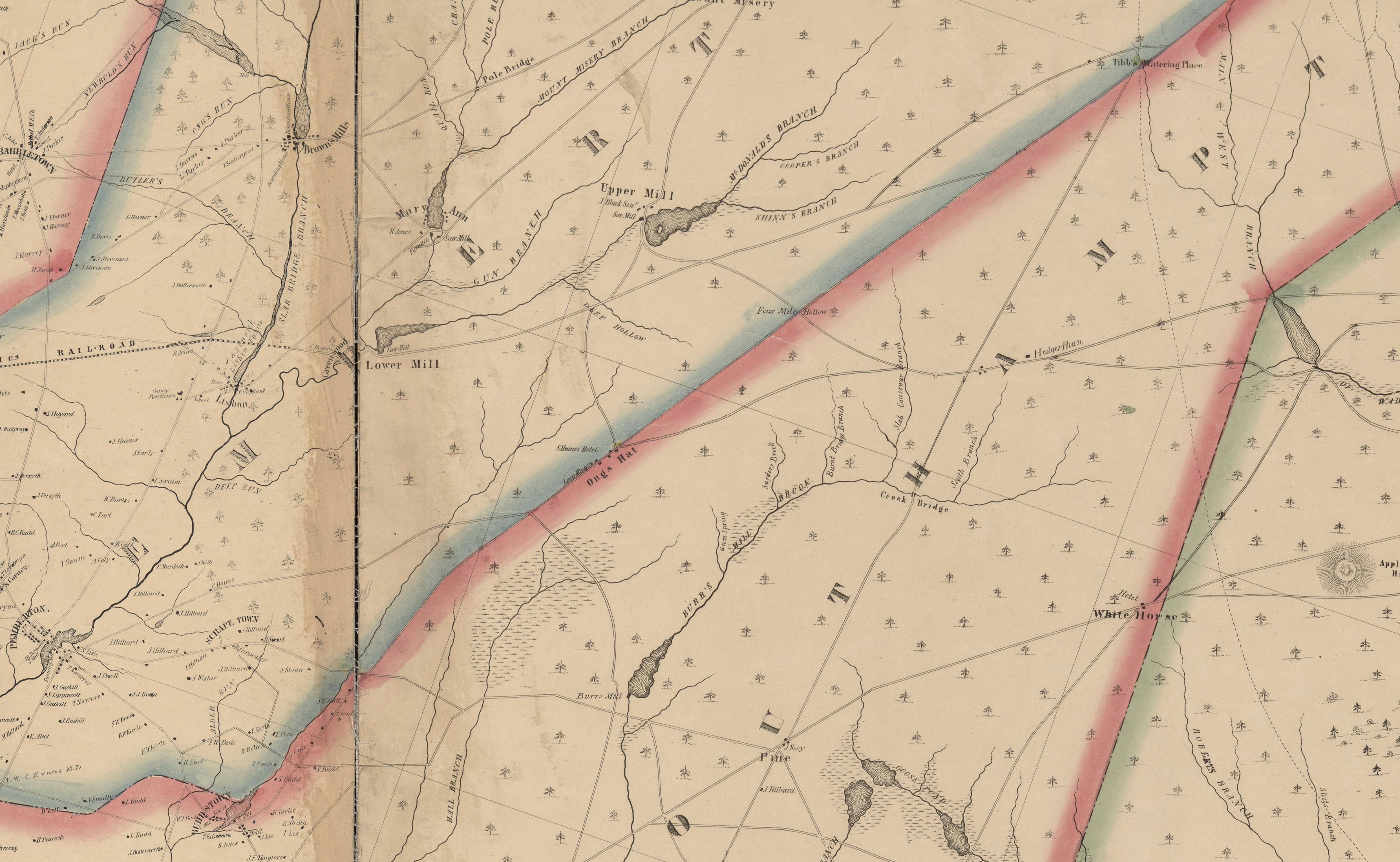 1849 map detail showing Mary Ann pond, forge, saw mill, and R. Jones near Browns Mills