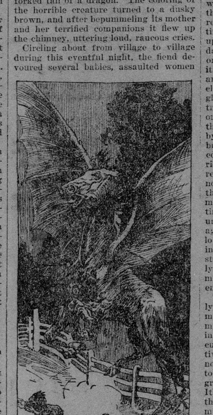 Detail of the 1899 Leeds Devil illustration showing wings and a long tail