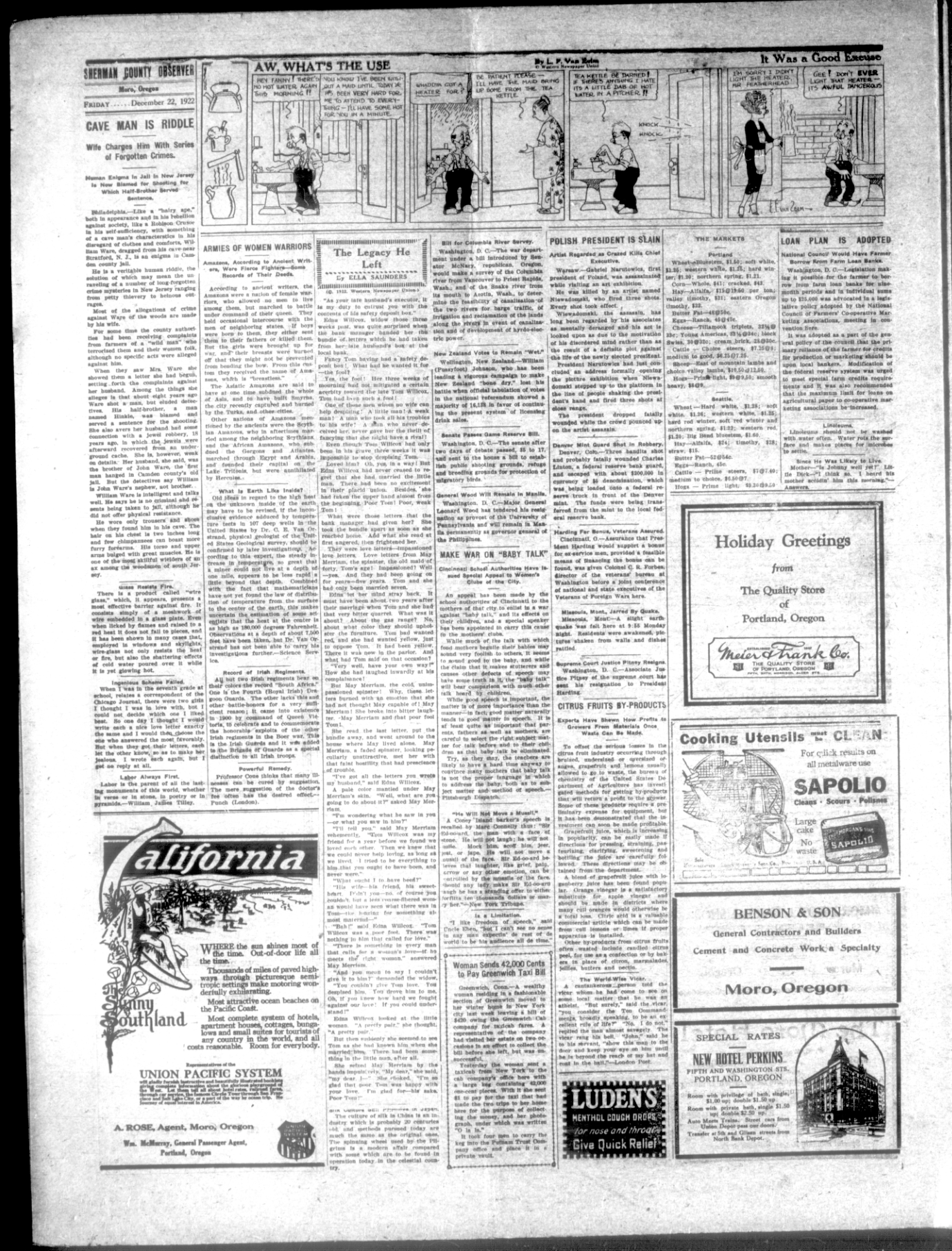Full newspaper page with Cave Man Is Riddle in the upper left column