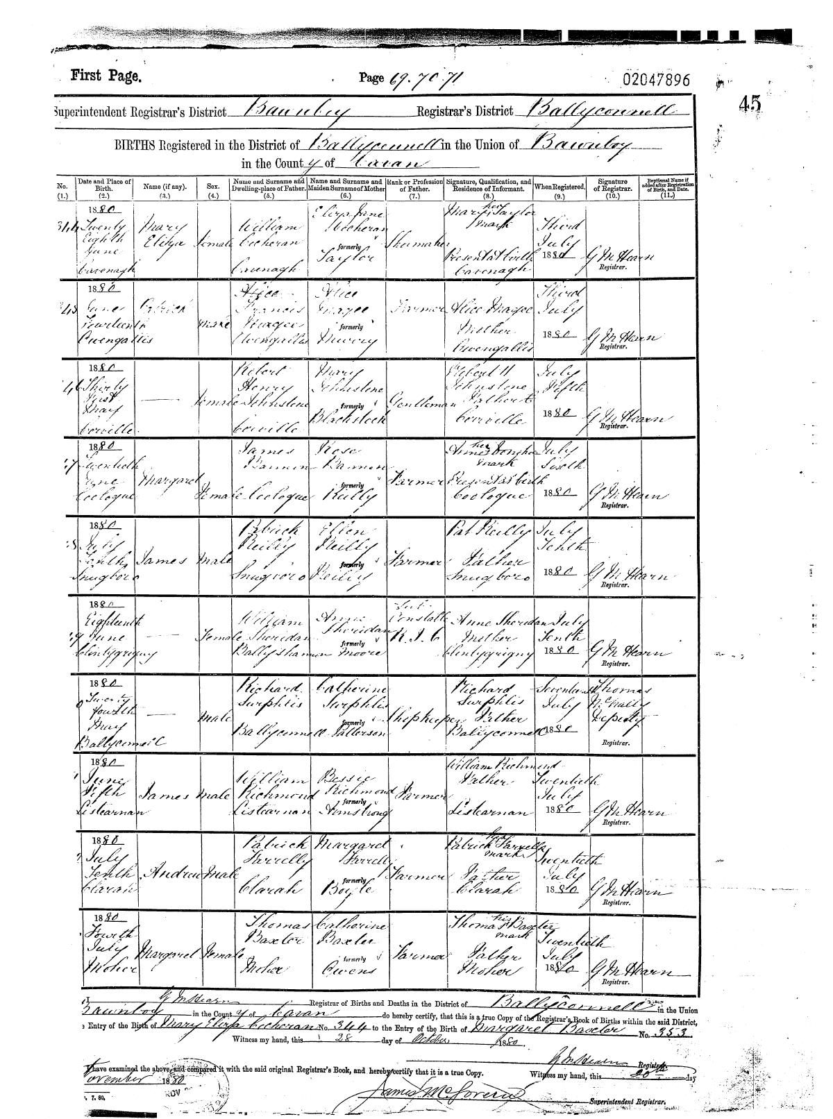 Civil birth register, Andrew Farrelly, 10 Jul 1880, Ballyconnell district