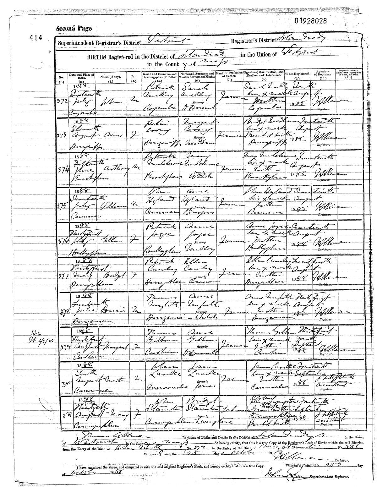 Civil birth register, Anne Coony, 11 Aug 1888, Derrycriff