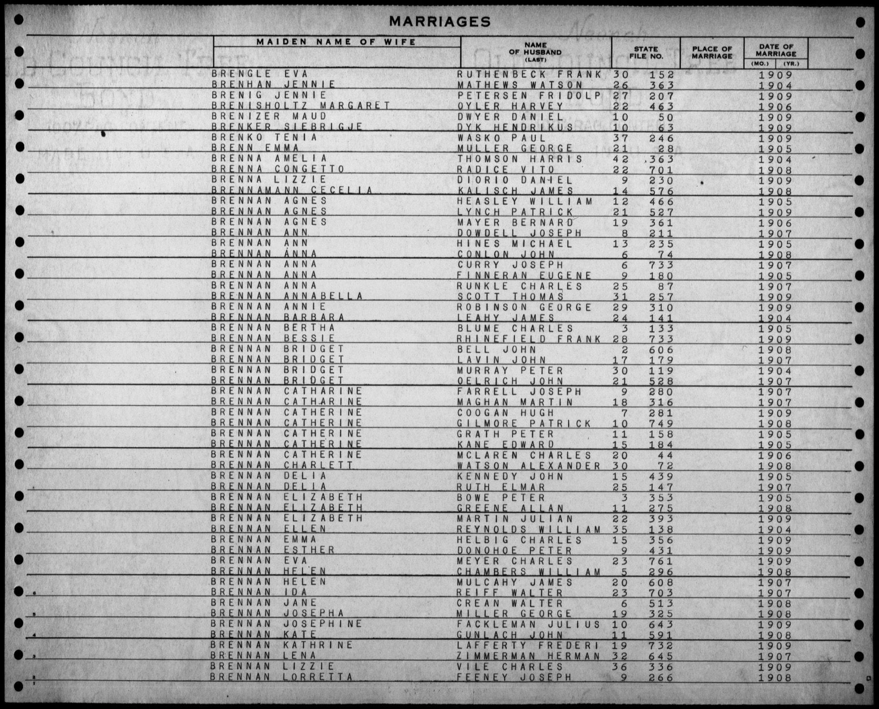 New Jersey marriage index entry for the Leahey and Brennan family