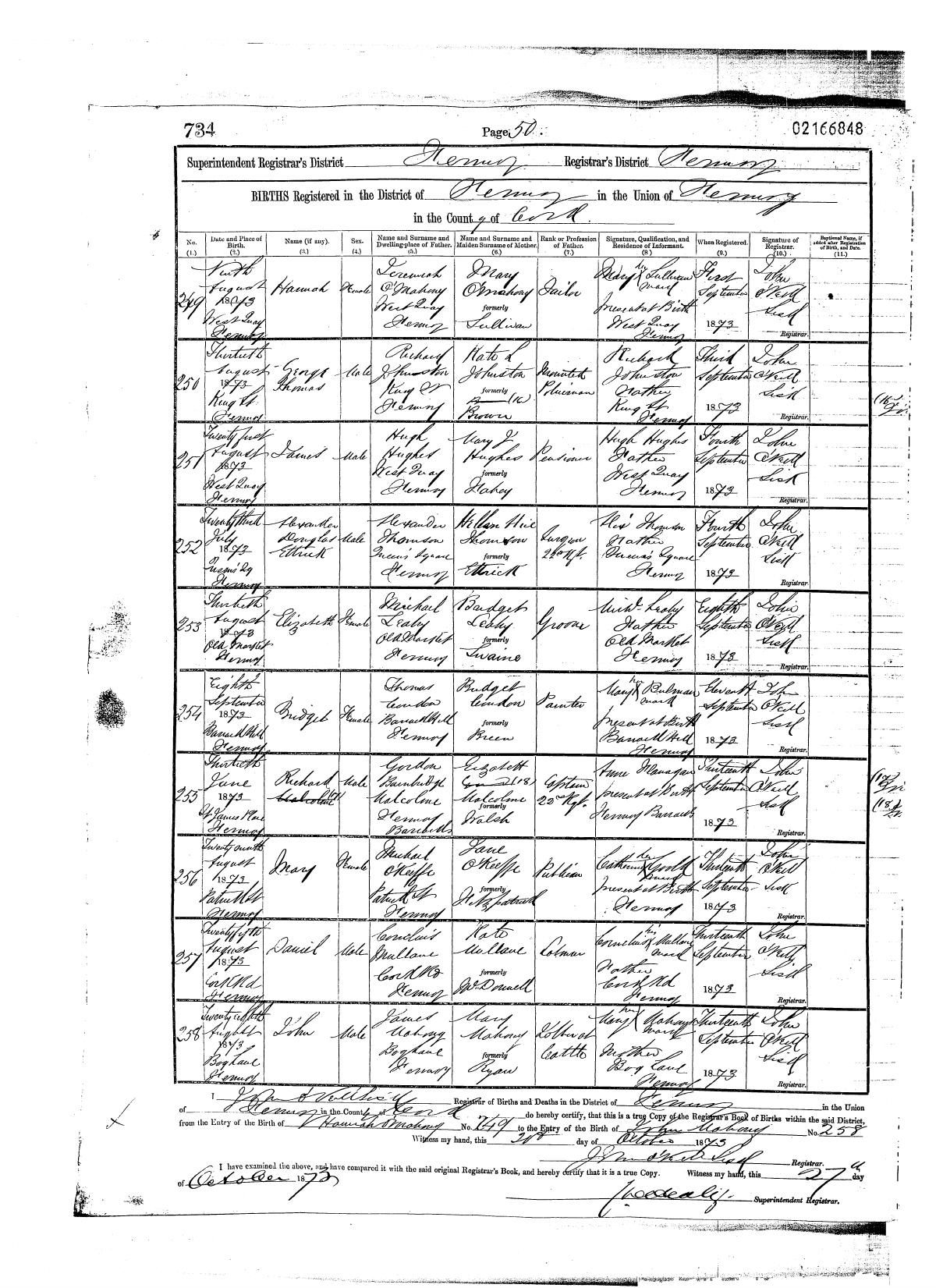 Civil birth register, Bridget Condon, 8 Sep 1873, Fermoy
