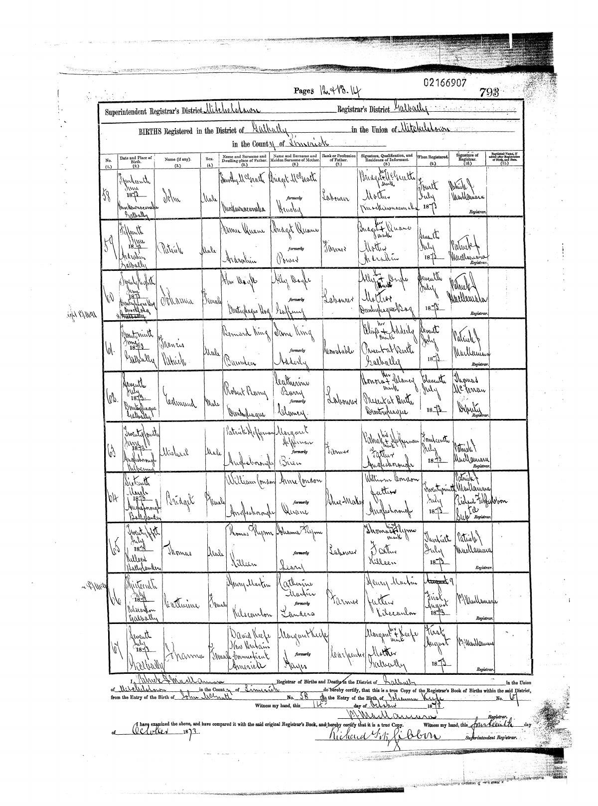 Civil birth register, Bridget Condon, 15 Jun 1873, Mitchelstown