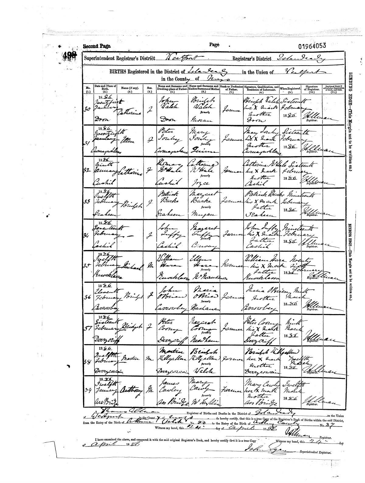 Civil birth register, Bridget Coony, 16 Feb 1886, Derrycriff