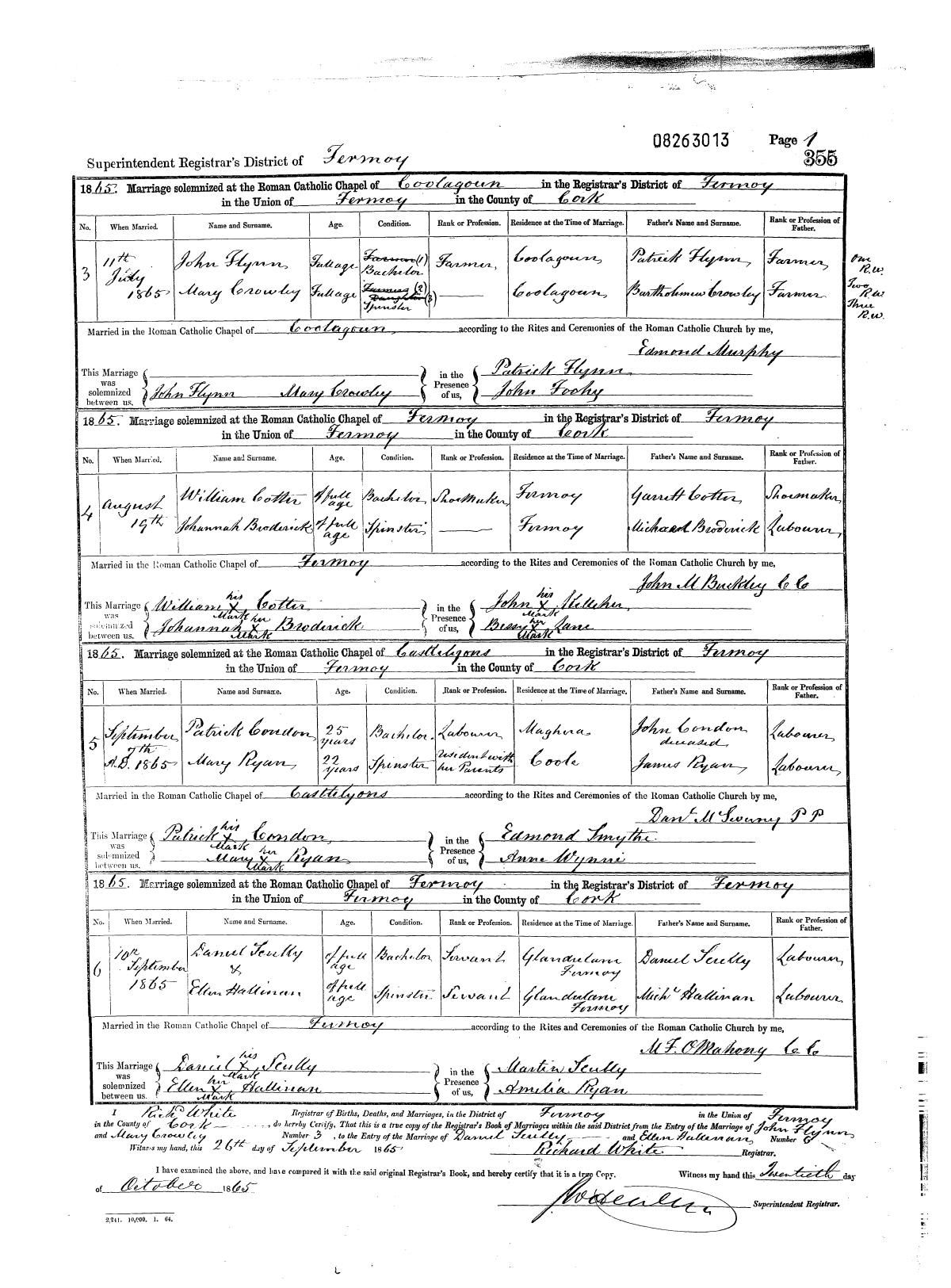 Civil marriage register, Patrick Condon and Mary Ryan, 7 Sep 1865, Castlelyons