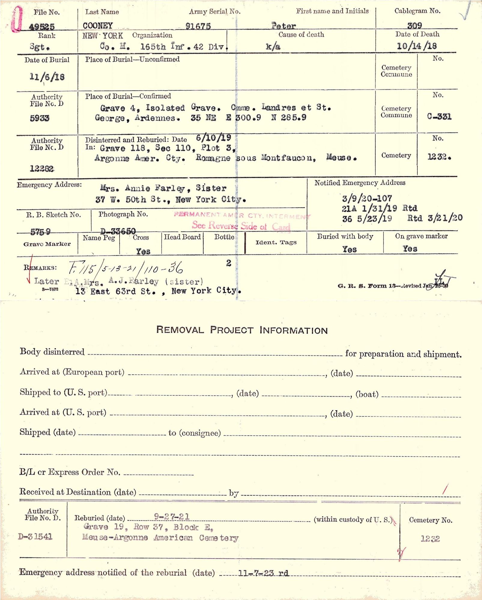 Peter Cooney's Graves Registration Service card