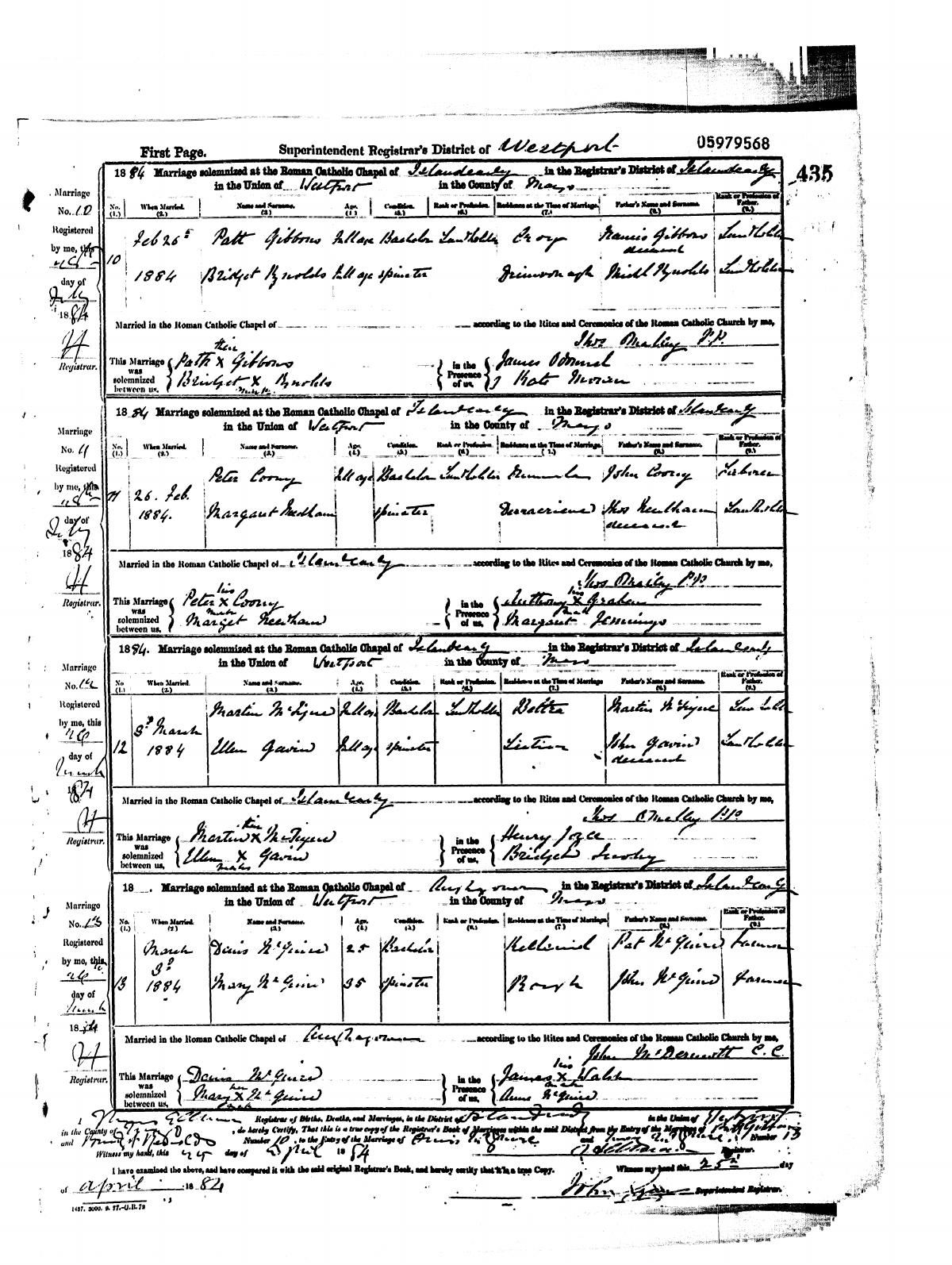 Civil marriage register, Peter Coony and Margaret Needhan, 26 Feb 1884, Islandeady