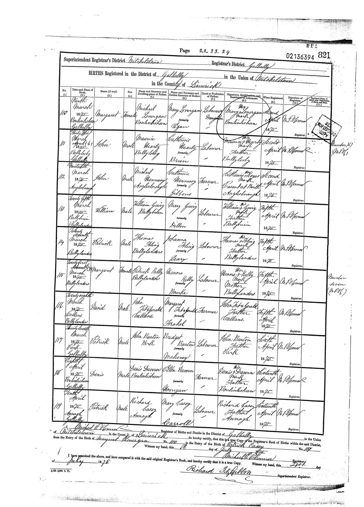 Civil birth register, David Fitzgerald, 28 Mar 1875, Cullane