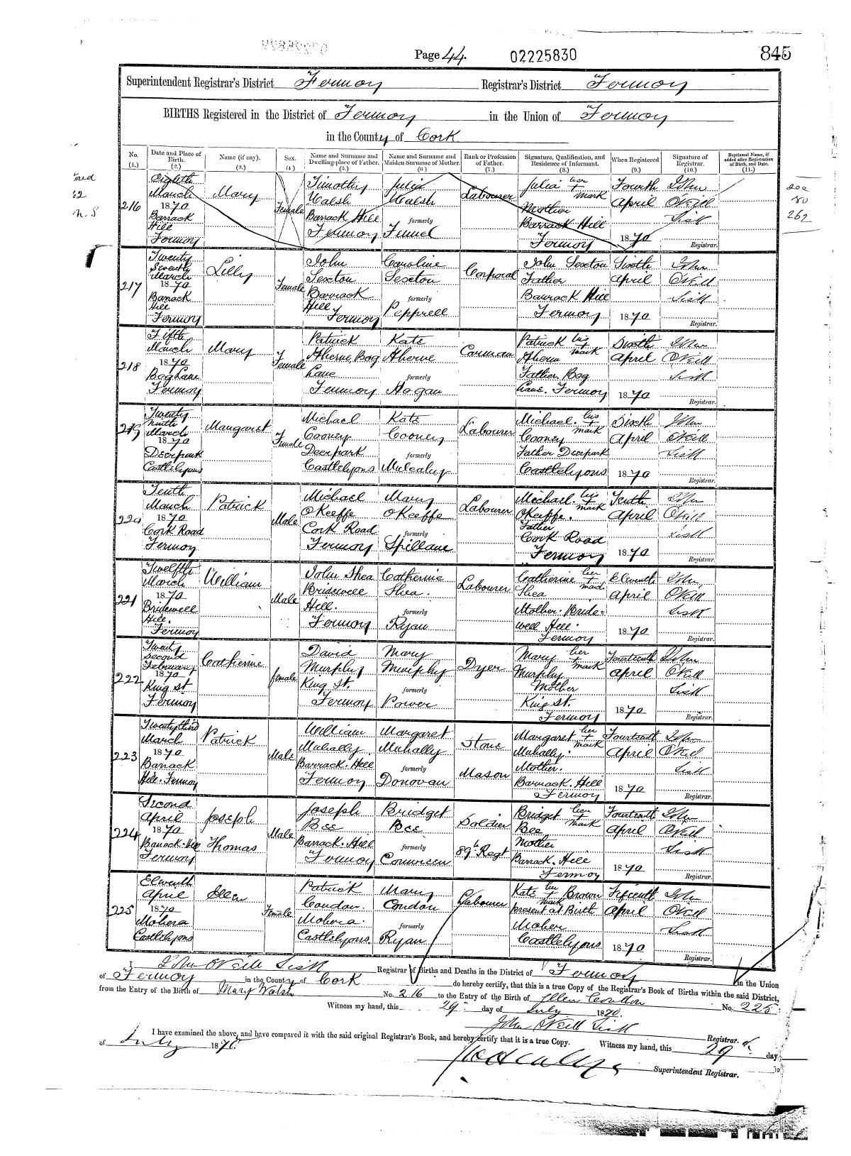 Civil birth register, Ellen Condon, 11 Apr 1870, Moherna