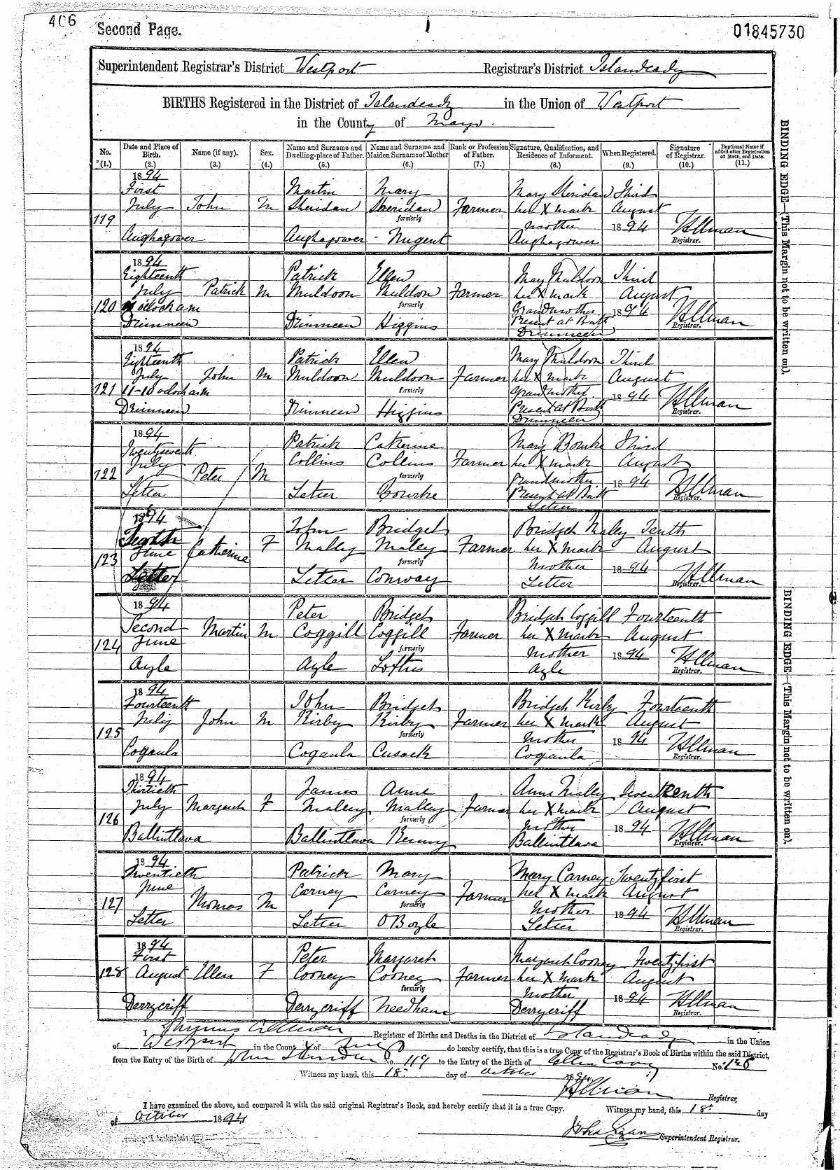 Civil birth register, Ellen Cooney, 1 Aug 1894, Derrycriff