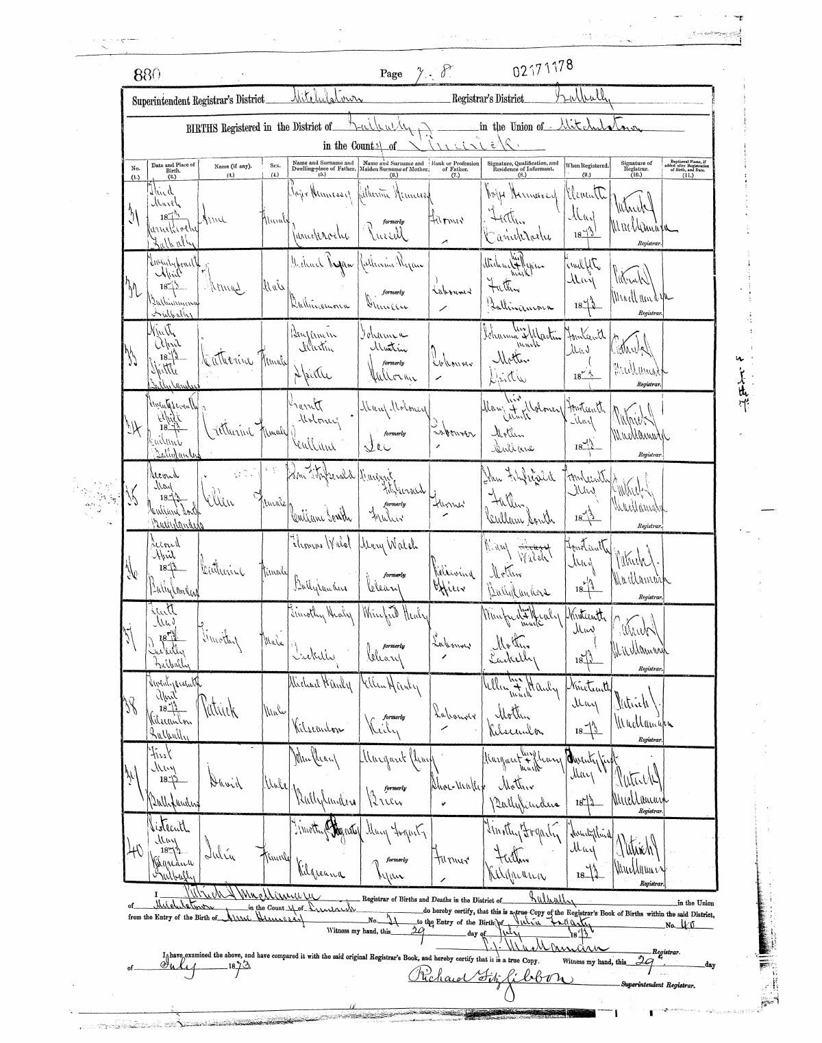Civil birth register, Ellen Fitzgerald, 2 May 1873, Cullane