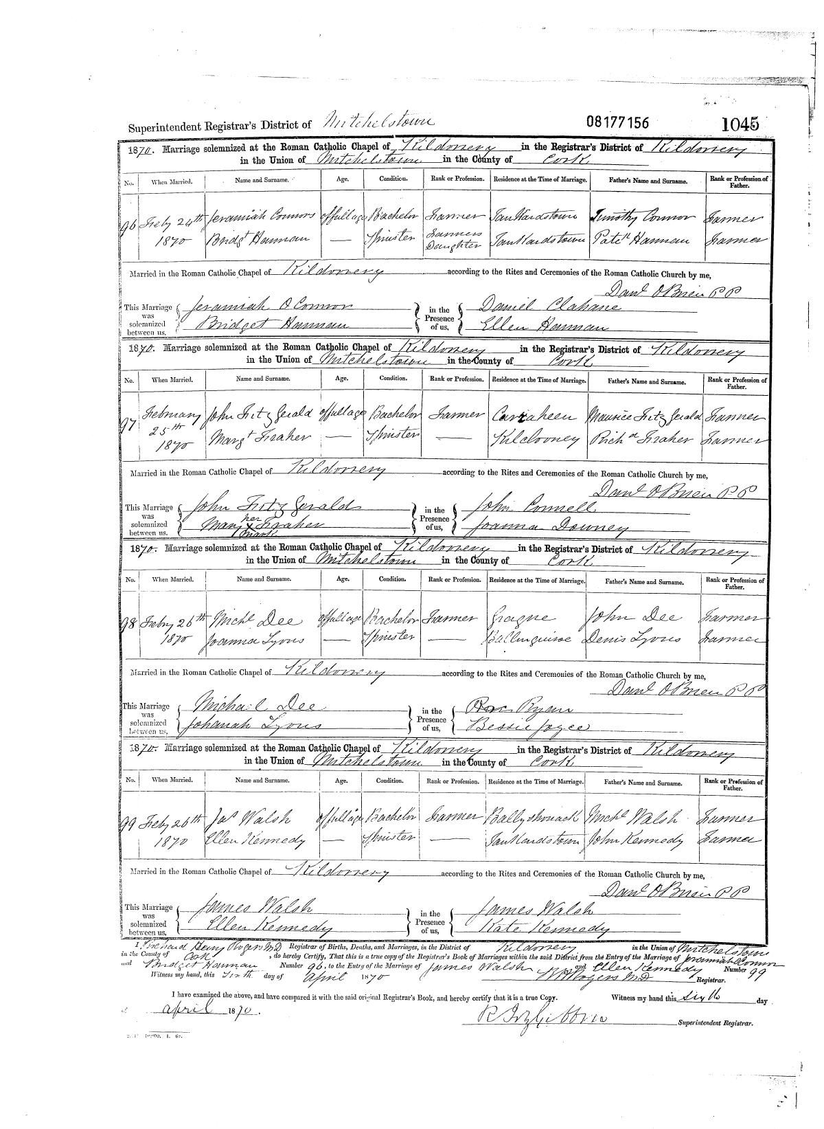 Civil marriage register, John Fitzgerald and Margaret Fraher, 25 Feb 1870, Kildorrery