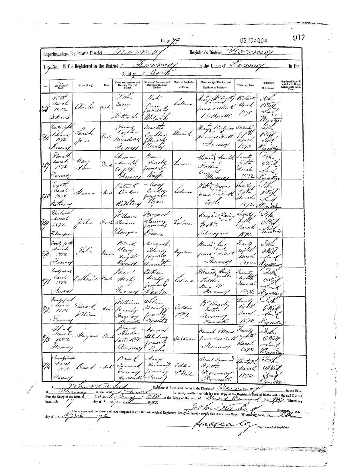 Civil birth register, Hanna Condon, 8 Mar 1872, Rathcarrig