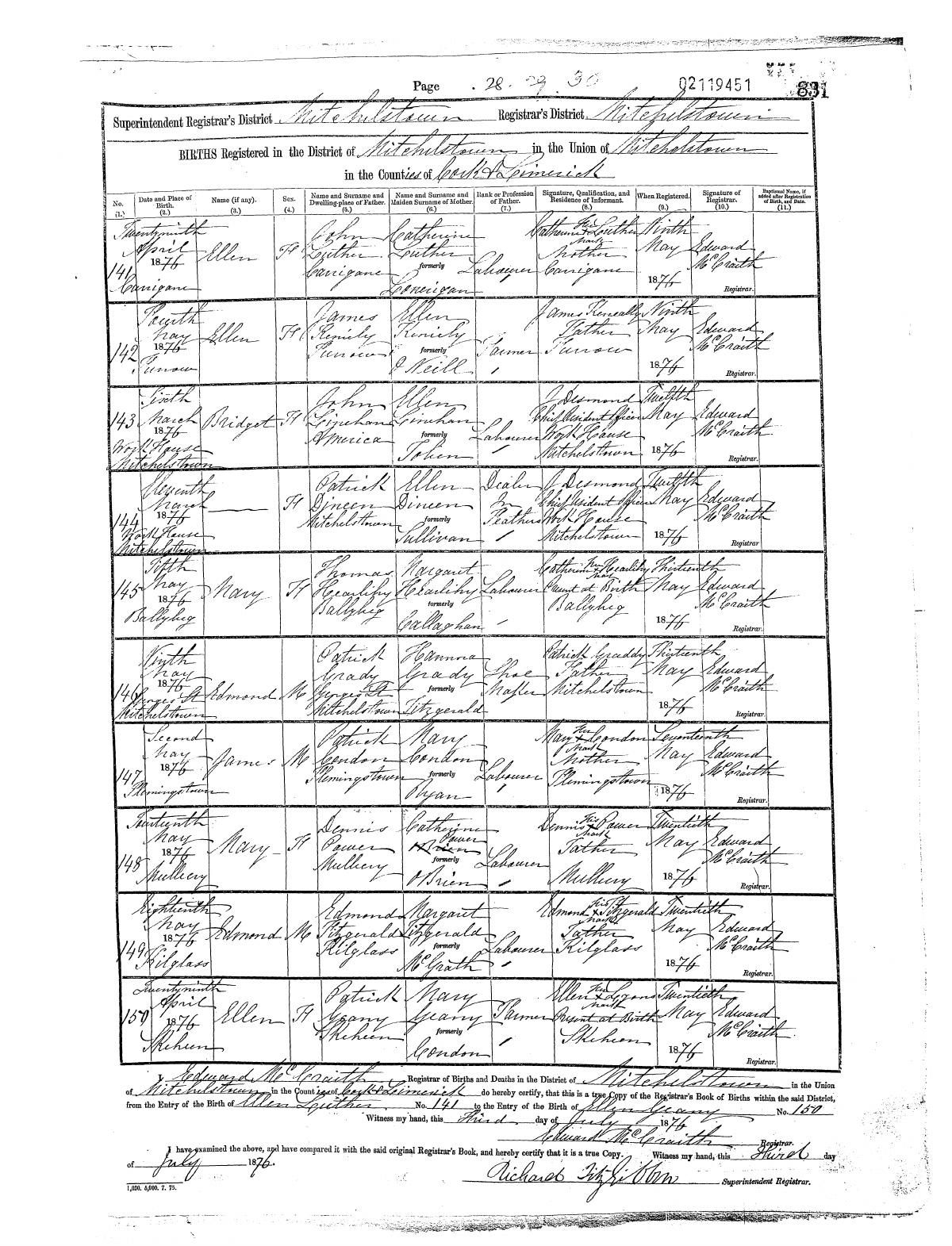 Civil birth register, James Condon, 2 May 1876, Flemingstown