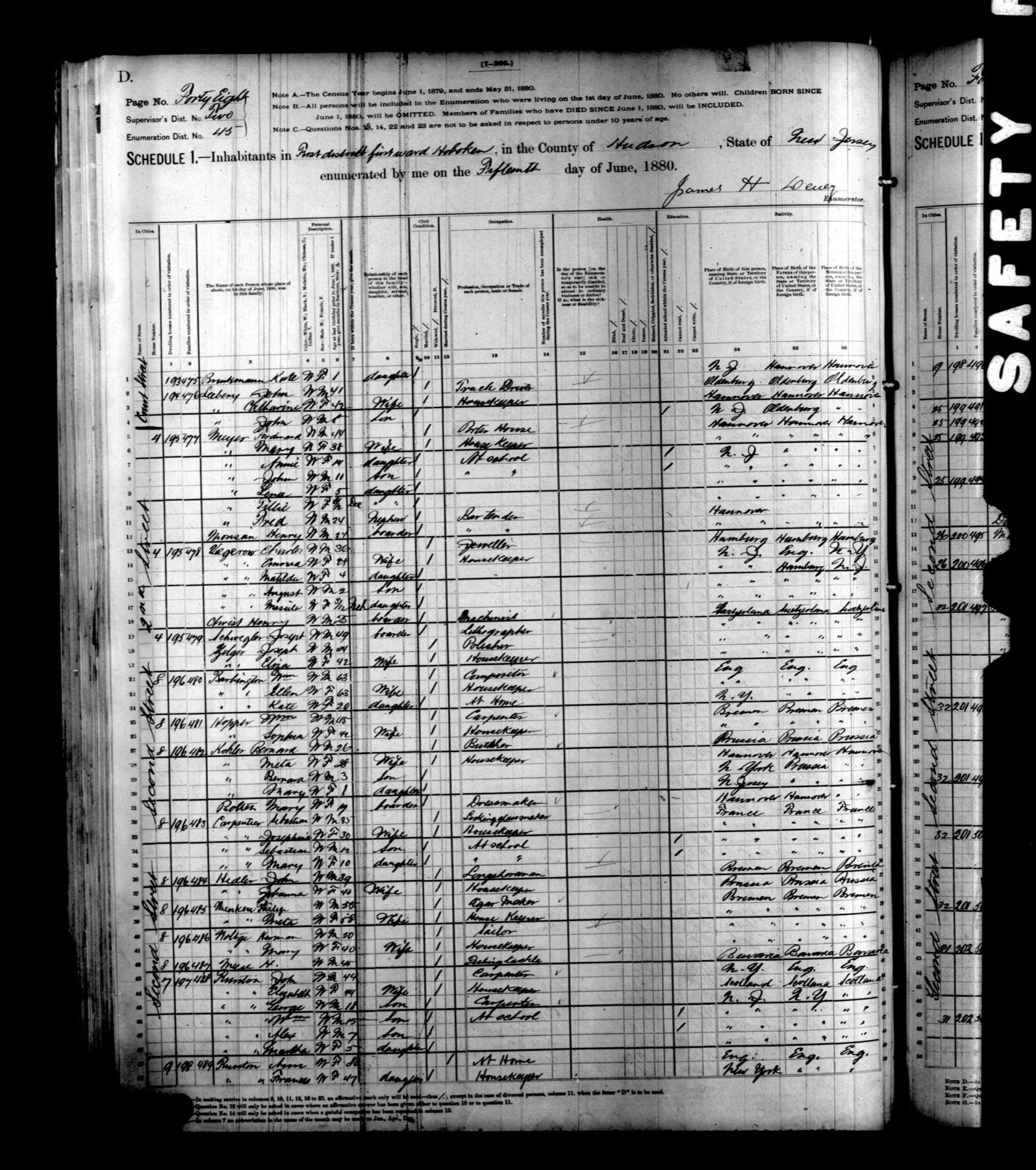 1880 census page recording the Leahey household in Hoboken