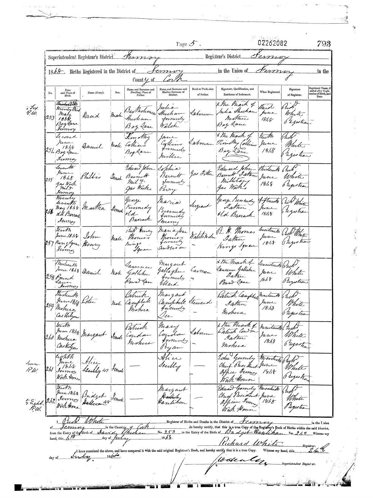 Civil birth register, Margaret Condon, 10 Jun 1868, Maghna