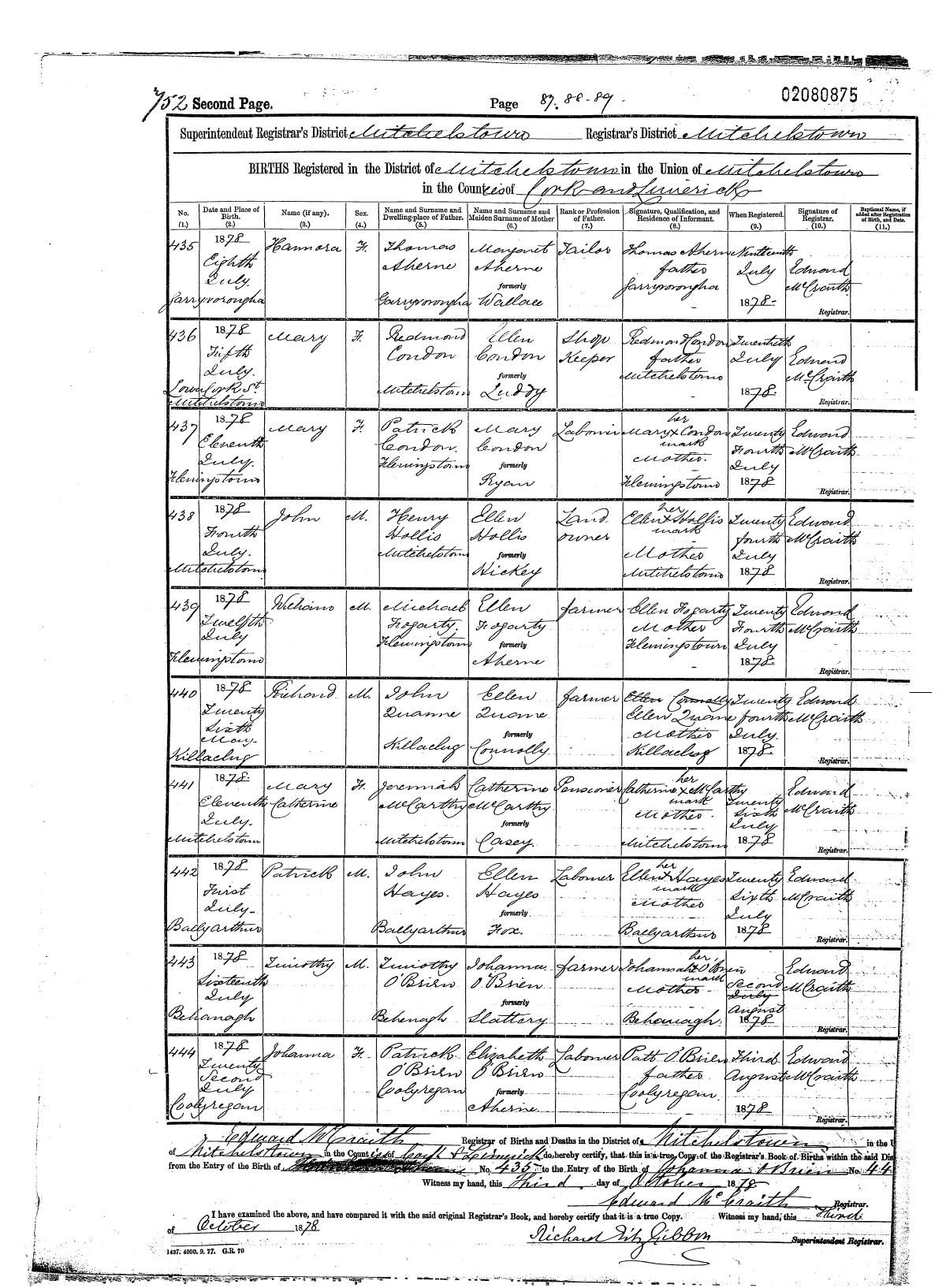 Civil birth register, Mary Condon, 11 Jul 1878, Flemingstown