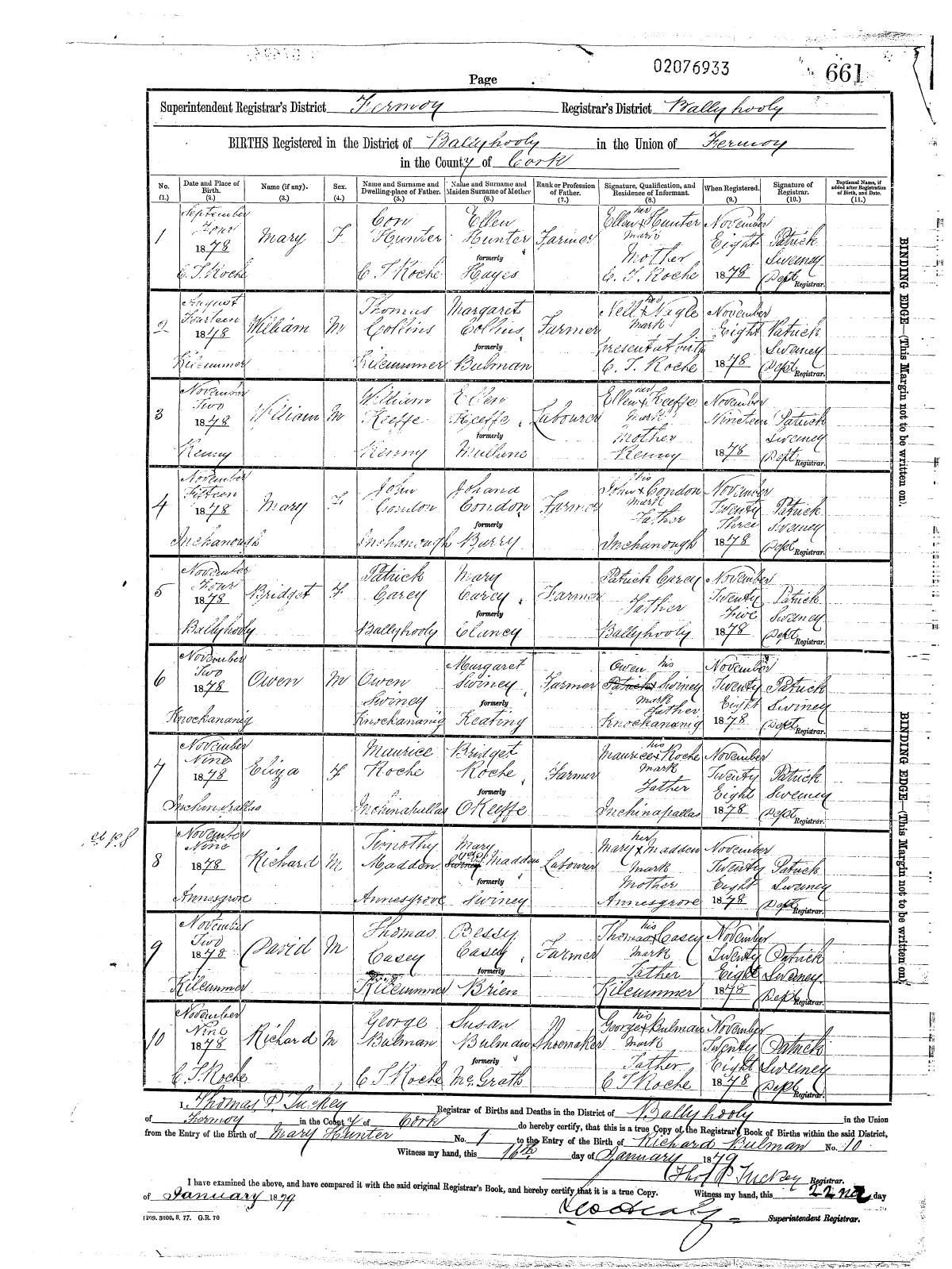 Civil birth register page, Mary Condon candidate, 1878, entry 2076933