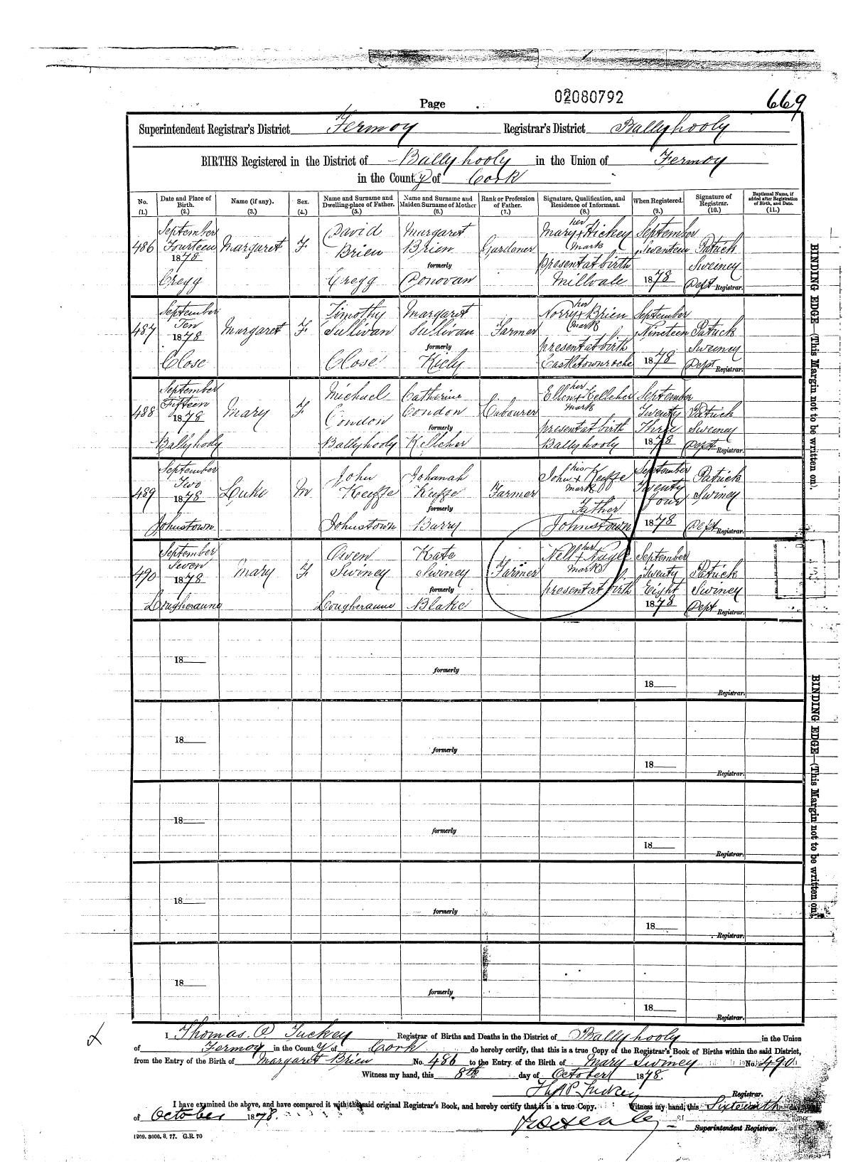 Civil birth register page, Mary Condon candidate, 1878, entry 2080792