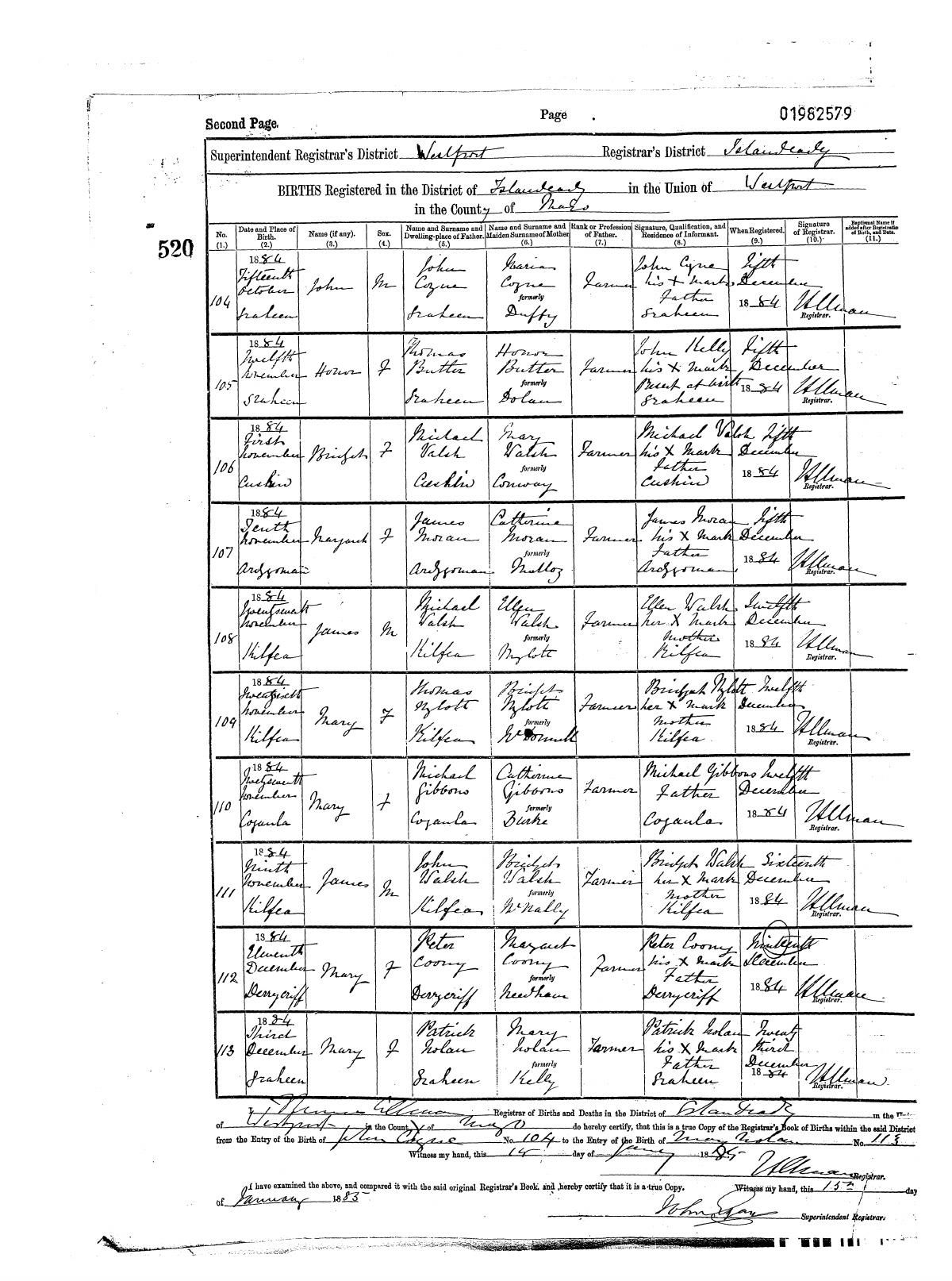 Civil birth register, Mary Coony, 11 Dec 1884, Derrycriff