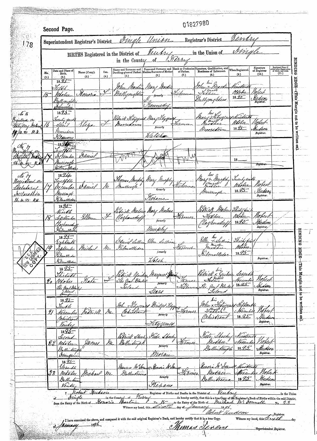 Civil birth register, Patrick Fitzgerald, 10 Nov 1895, Cahirtrant