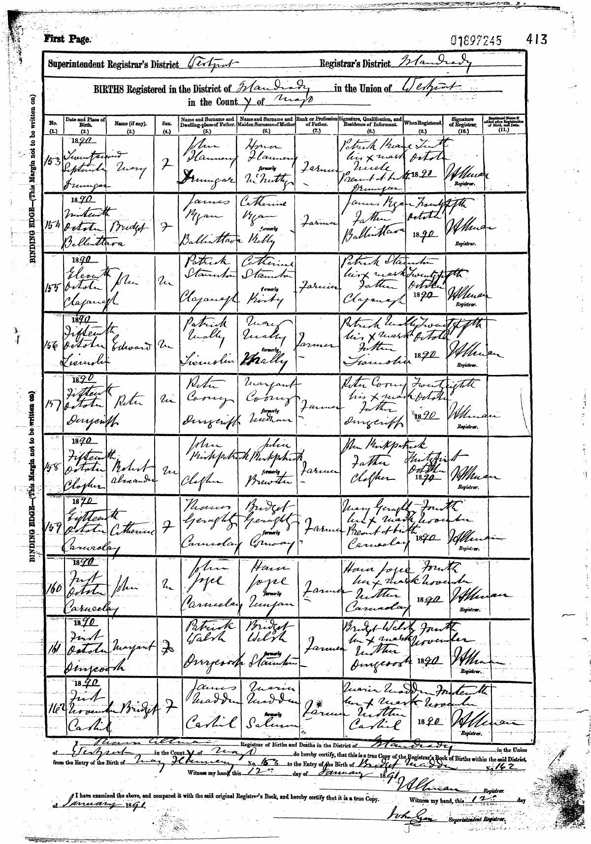 Civil birth register, Peter Coony, 16 Oct 1890, Derrycriff