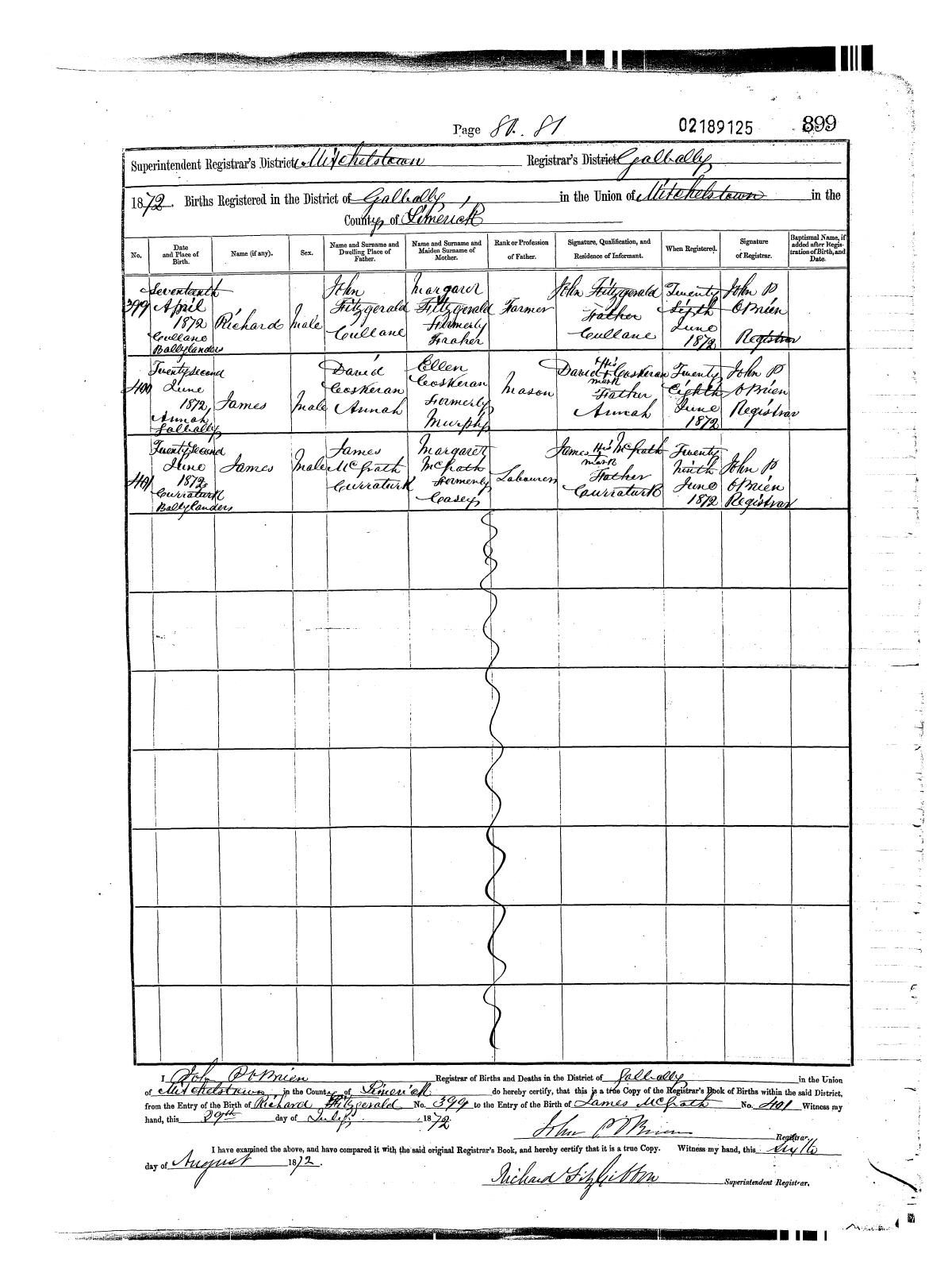 Civil birth register, Richard Fitzgerald, 17 Apr 1872, Cullane