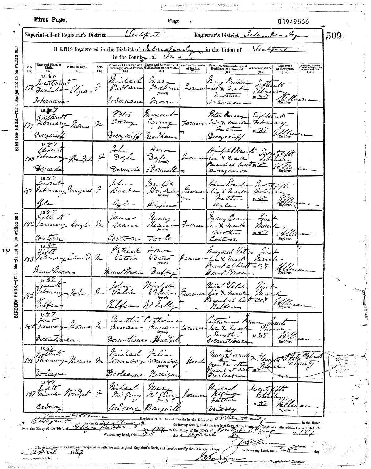 Civil birth register, Thomas Coony, 15 Feb 1887, Derrycriff
