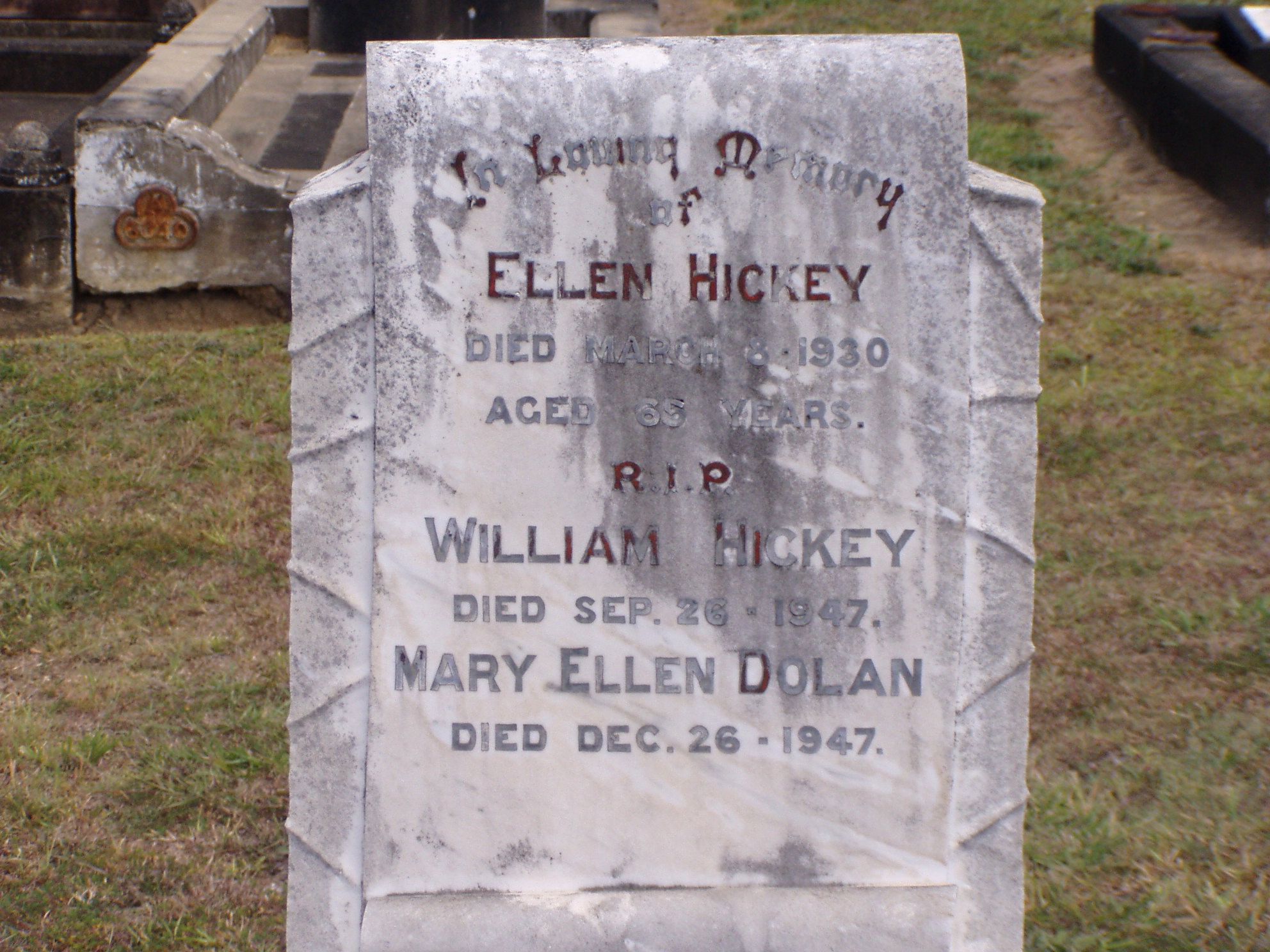 The Hickey headstone at Ipswich General Cemetery, Queensland