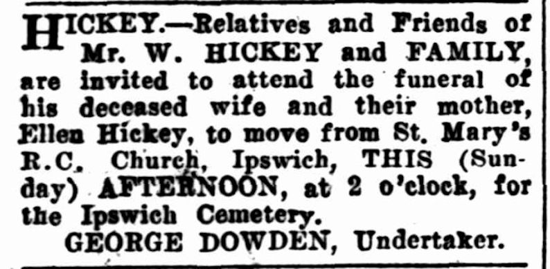 Funeral notice for Ellen Hickey, Sunday Mail, Brisbane, 9 March 1930
