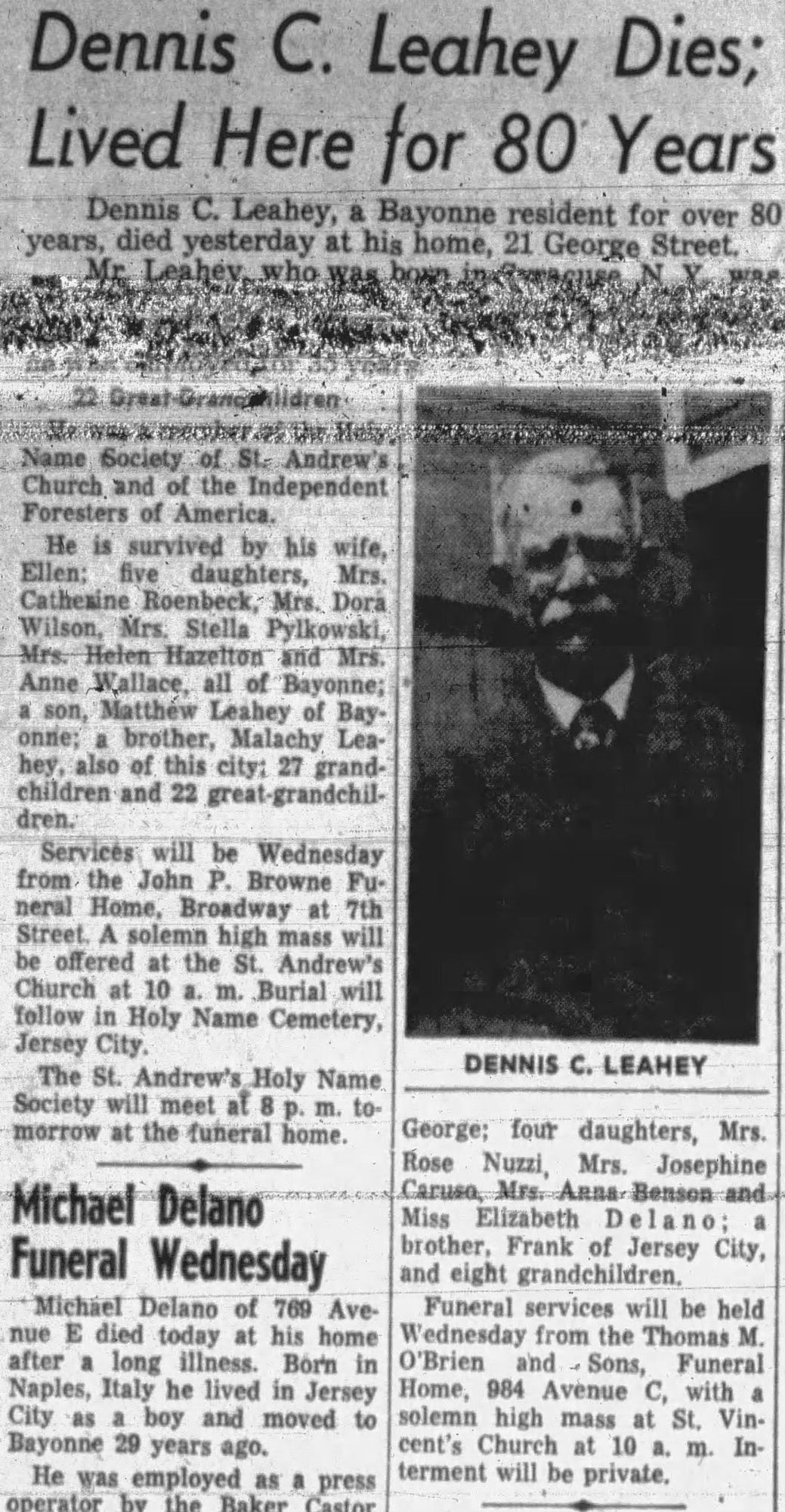 Published newspaper portrait of Dennis C. Leahey
