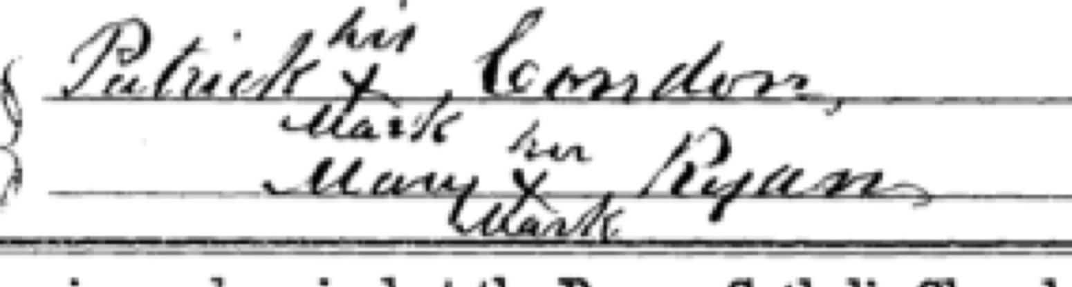 The signature line from Patrick Condon and Mary Ryan's marriage register, Castlelyons, 7 September 1865 — neither could write, so the clerk wrote both names and each made a cross