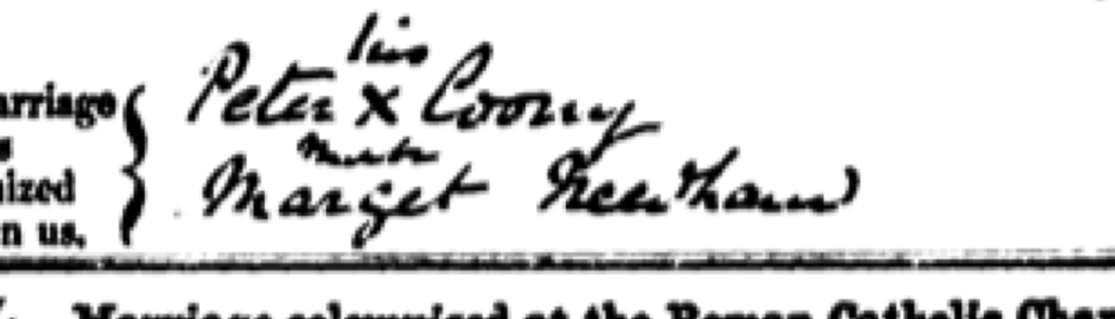 The signature line from Peter Cooney and Margaret Needham's marriage register, Islandeady, 26 February 1884 — his cross stands plainly between his names; hers carries the clerk's 'mark' annotation in the same place, the cross itself faint in this copy