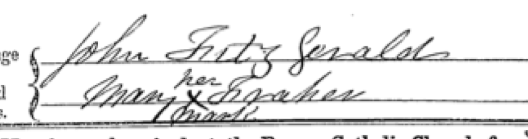 The signature line from John Fitzgerald and Margaret Fraher's marriage register, 25 February 1870: he signs his own name, she makes her mark